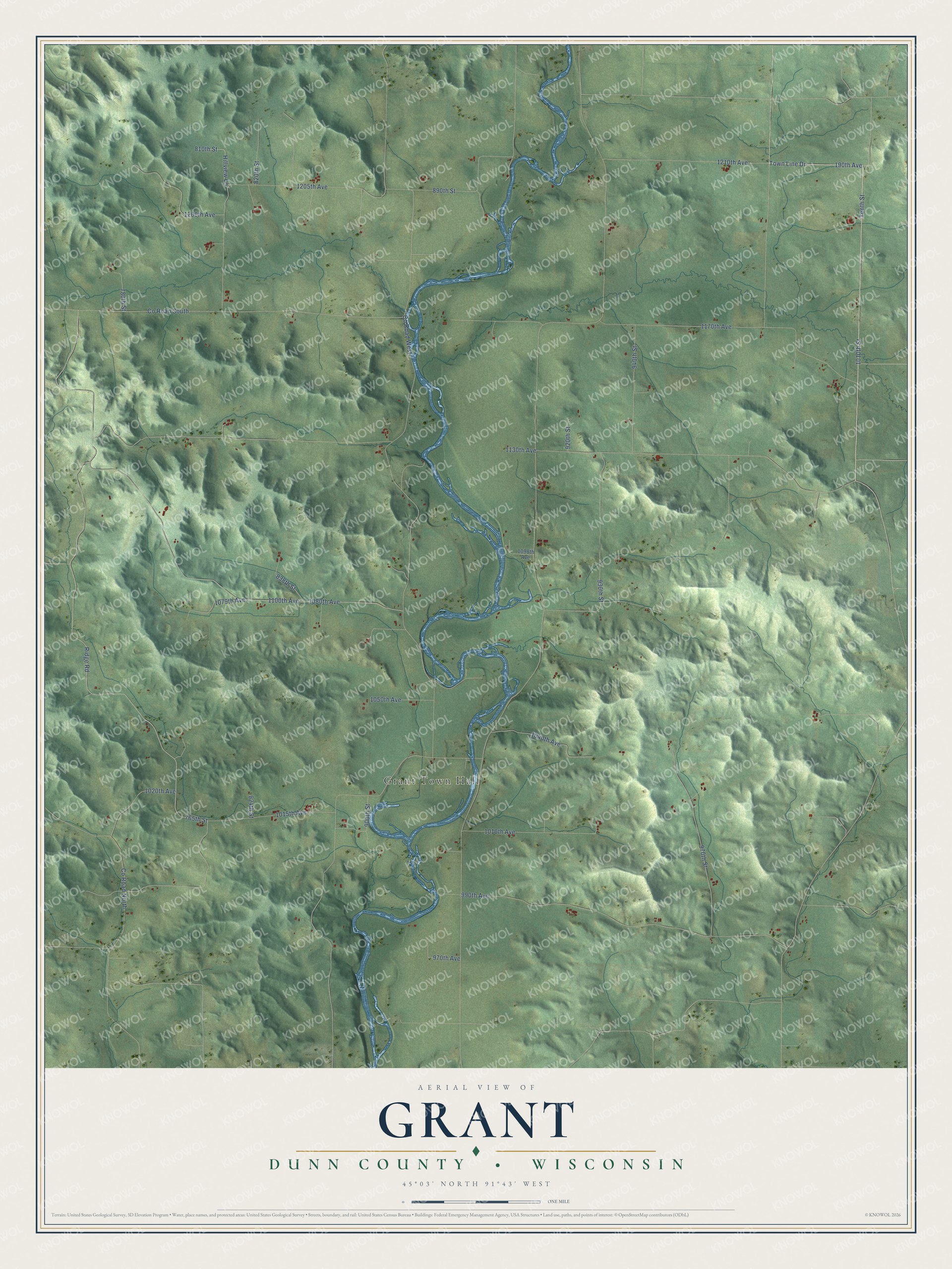Full map of Grant, Wisconsin, with red buildings, printed street names and the land around them