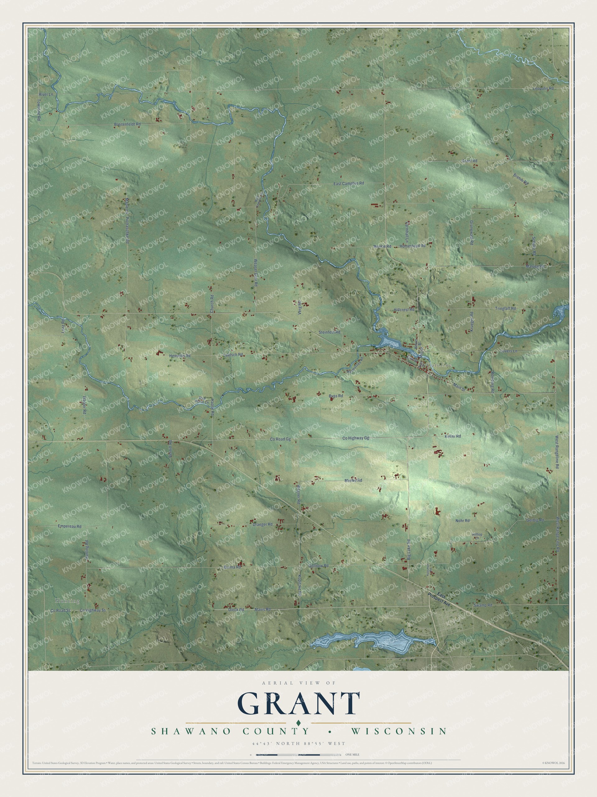 Full map of Grant, Wisconsin, with red buildings, printed street names and the land around them