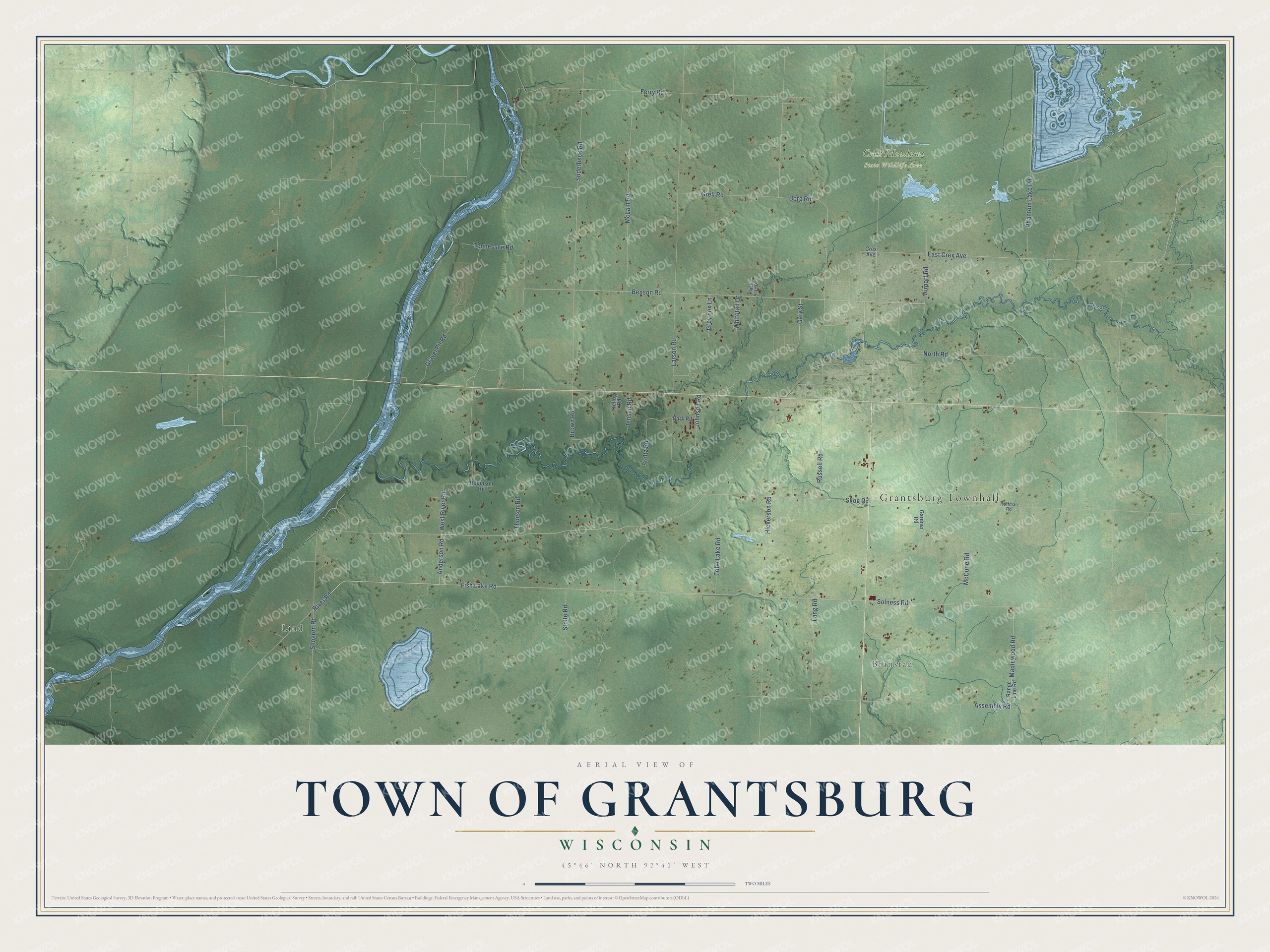 Full map of Grantsburg, Wisconsin, with red buildings, printed street names and the land around them