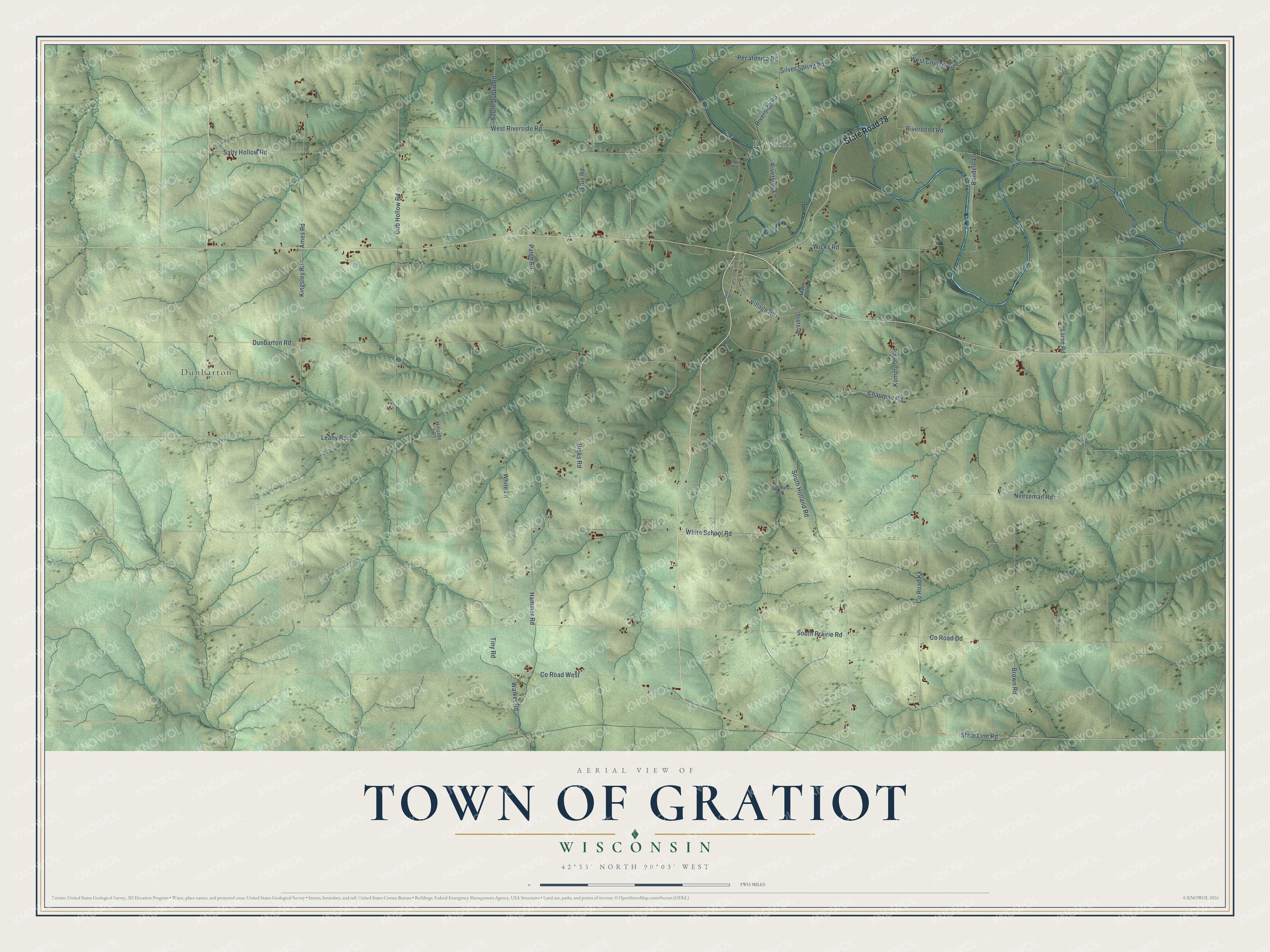 Full map of Gratiot, Wisconsin, with red buildings, printed street names and the land around them