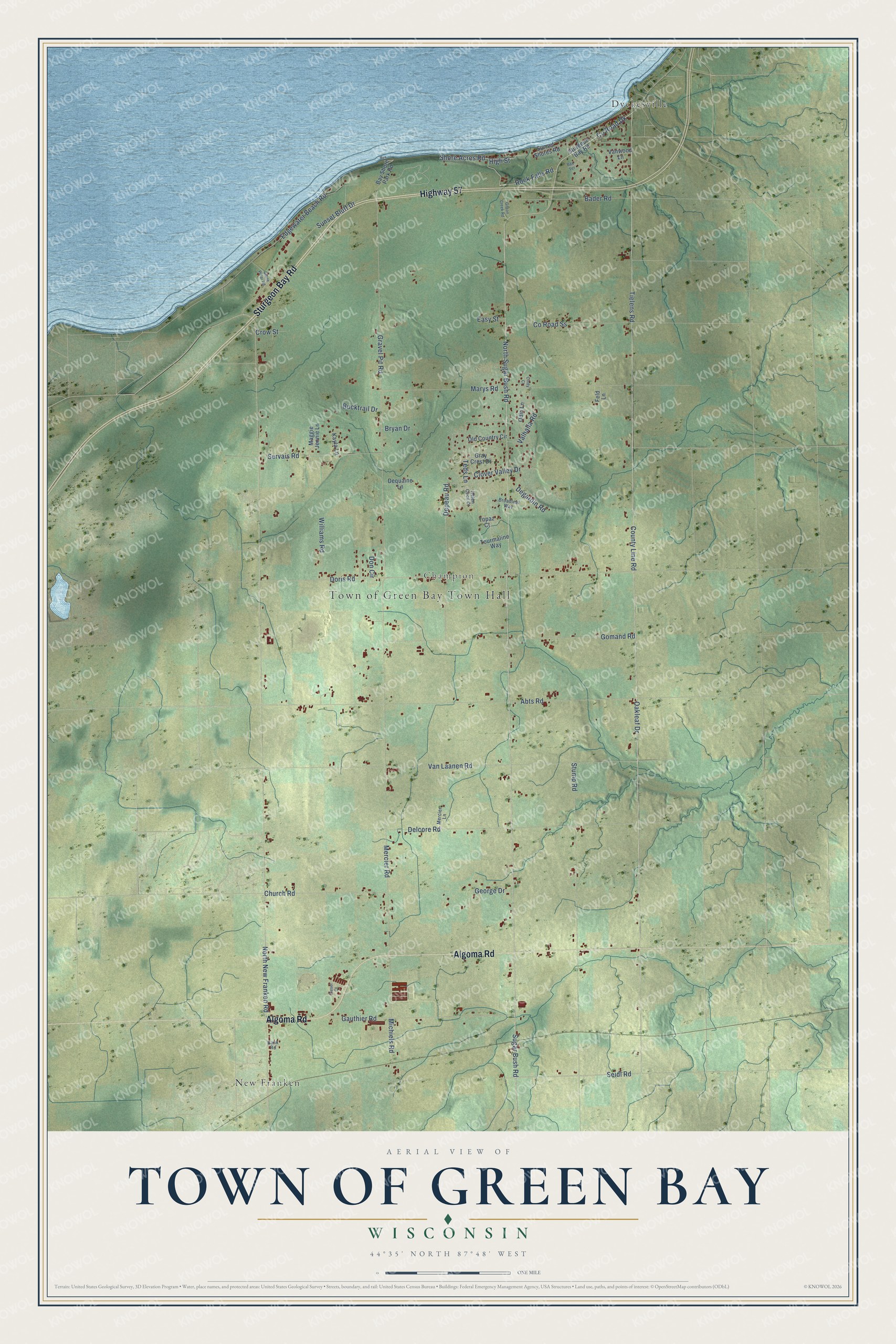 Full map of Green Bay, Wisconsin, with red buildings, printed street names and the land around them