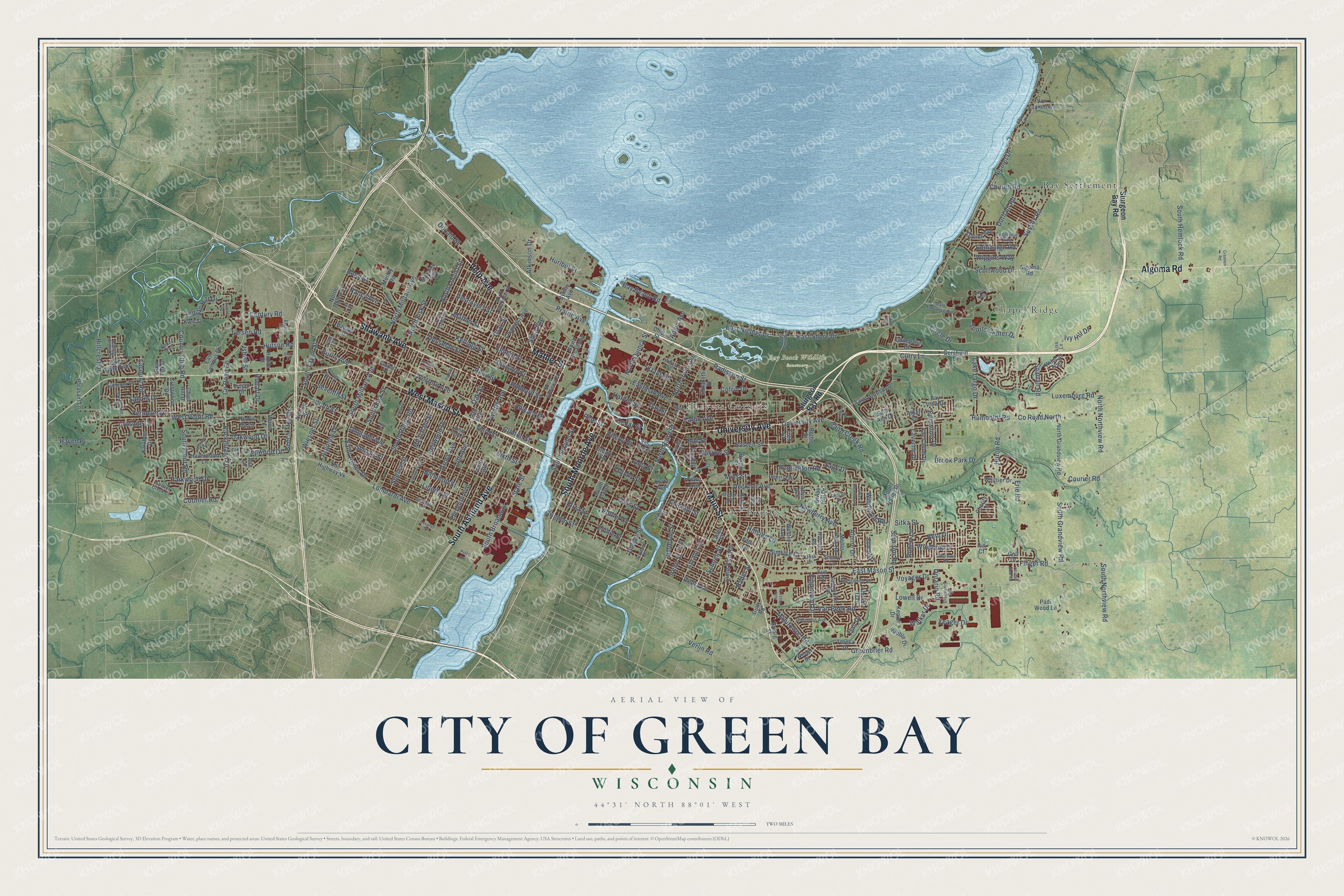 Full map of Green Bay, Wisconsin, with red buildings, printed street names and the land around them