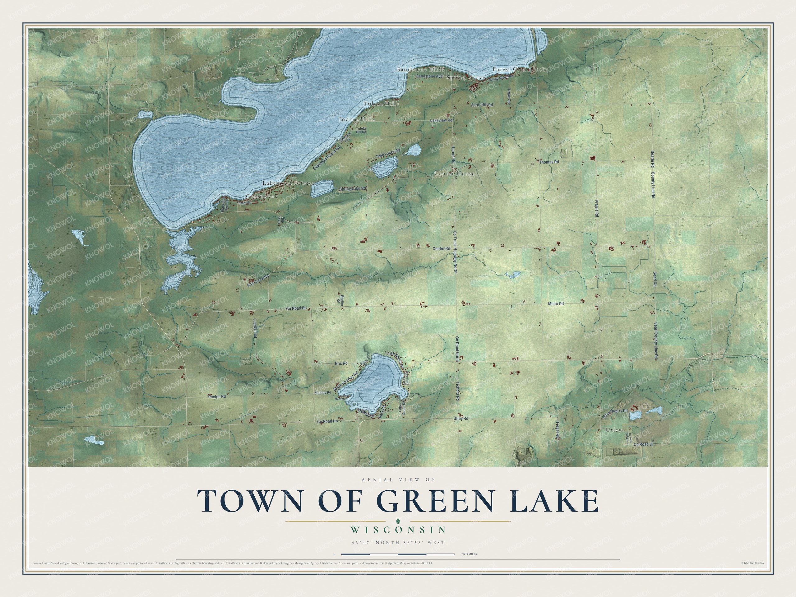 Full map of Green Lake, Wisconsin, with red buildings, printed street names and the land around them