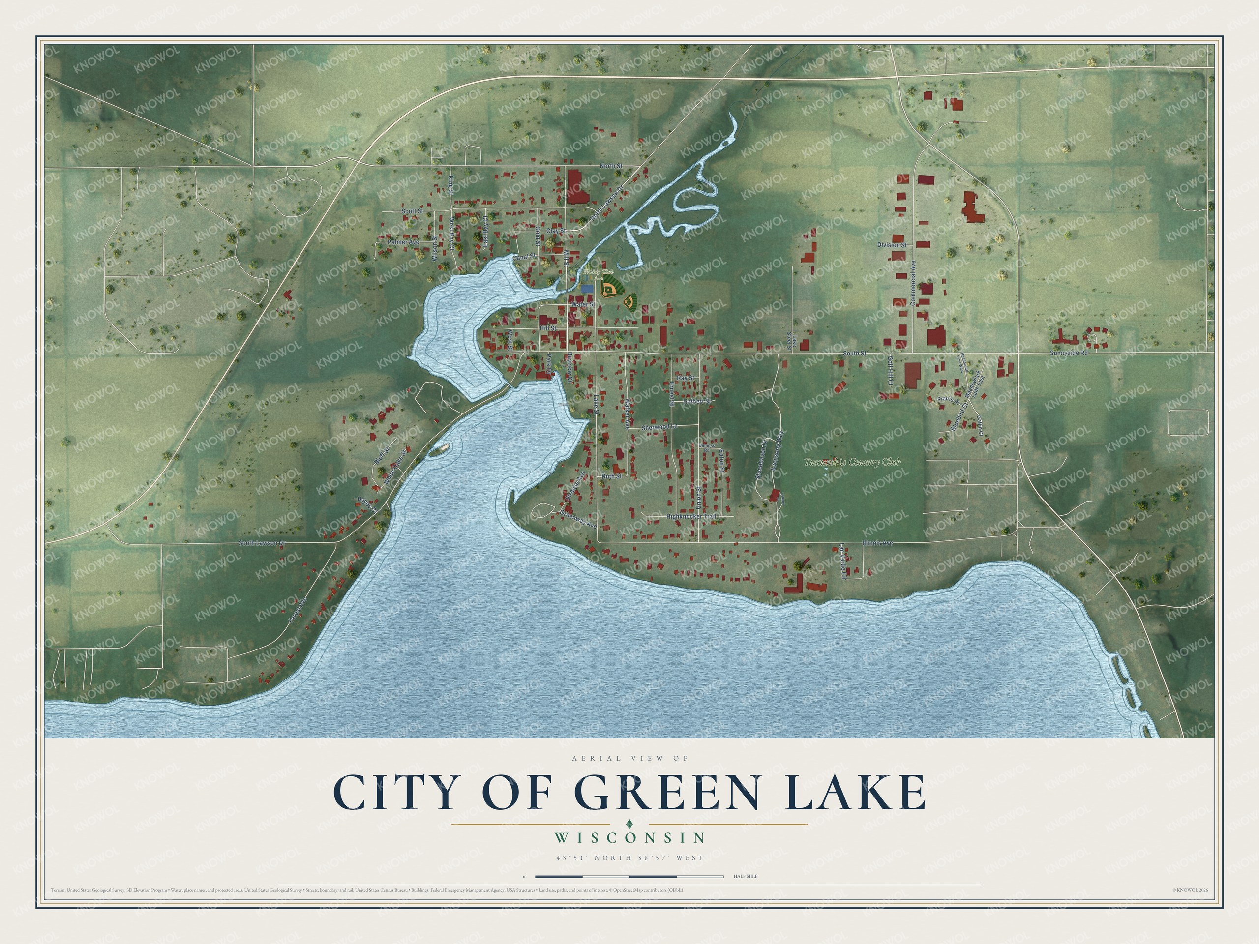 Full map of Green Lake, Wisconsin, with red buildings, printed street names and the land around them