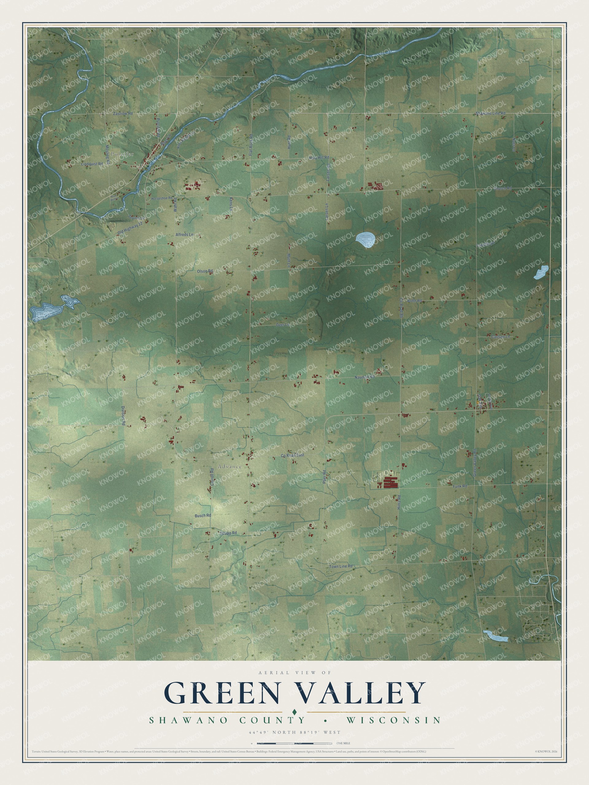 Full map of Green Valley, Wisconsin, with red buildings, printed street names and the land around them