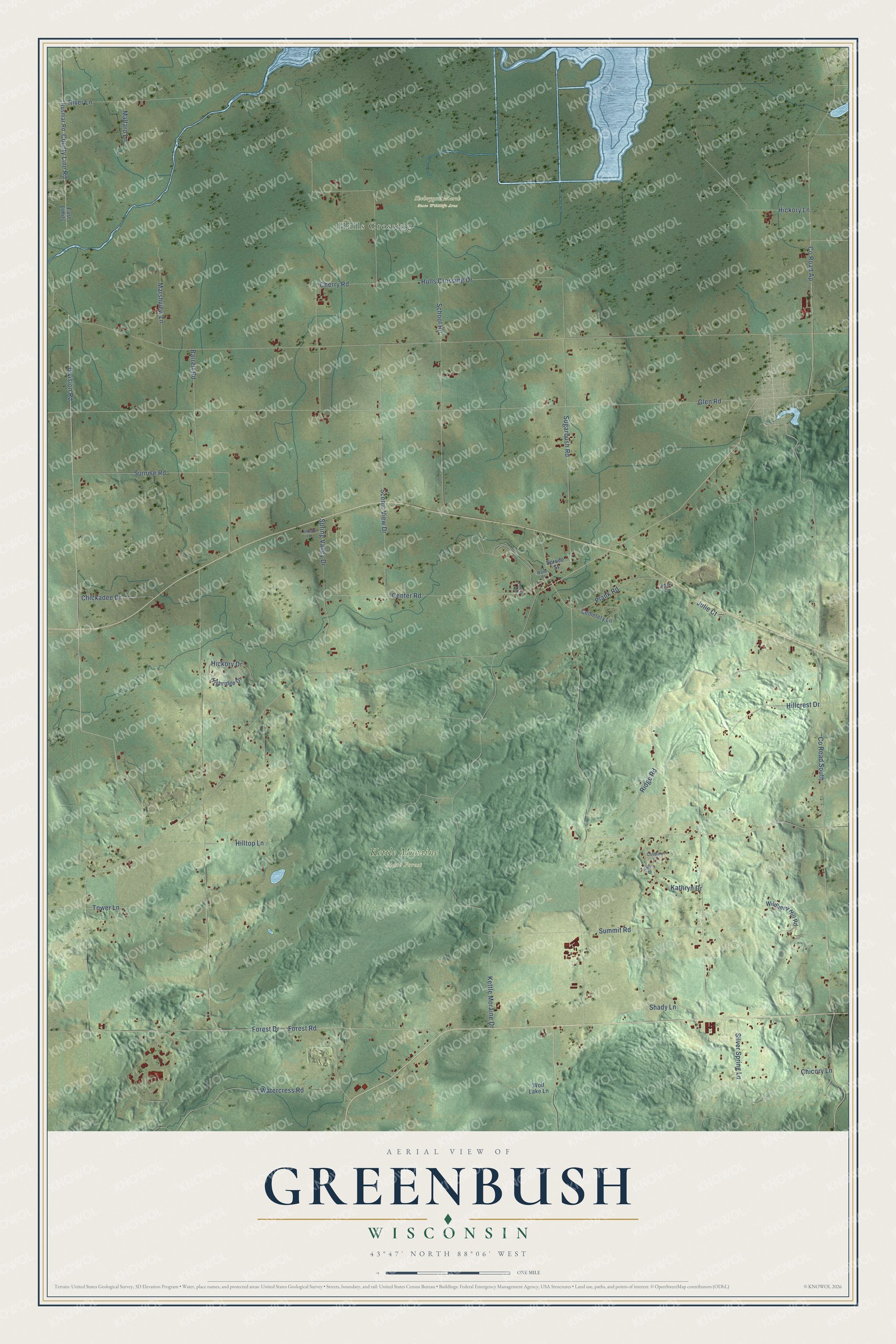 Full map of Greenbush, Wisconsin, with red buildings, printed street names and the land around them