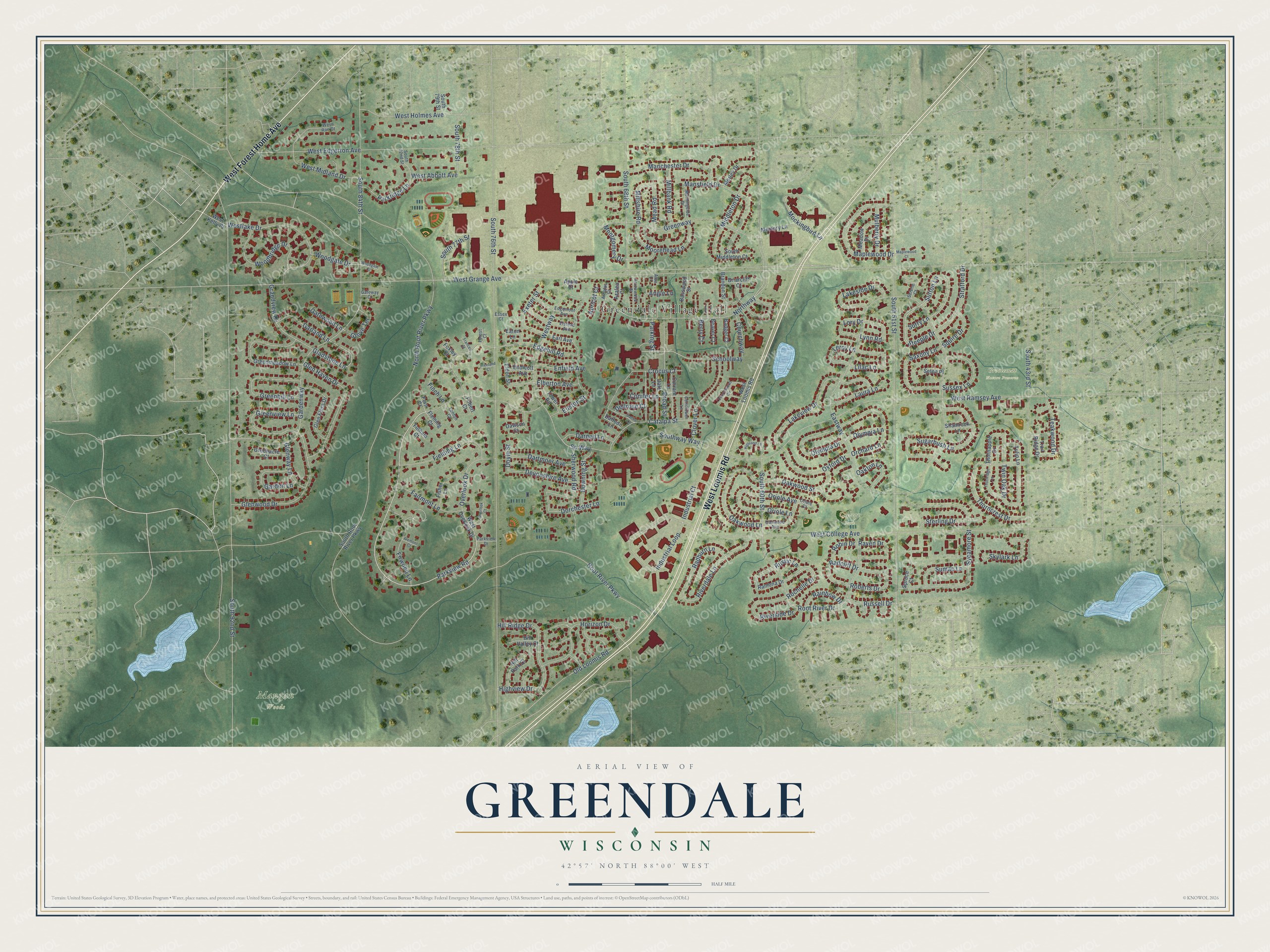 Full map of Greendale, Wisconsin, with red buildings, printed street names and the land around them
