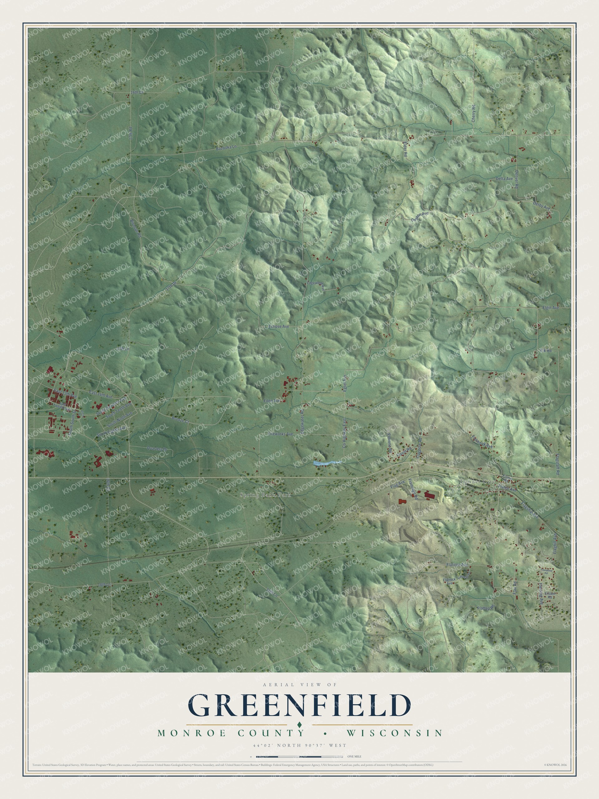 Full map of Greenfield, Wisconsin, with red buildings, printed street names and the land around them