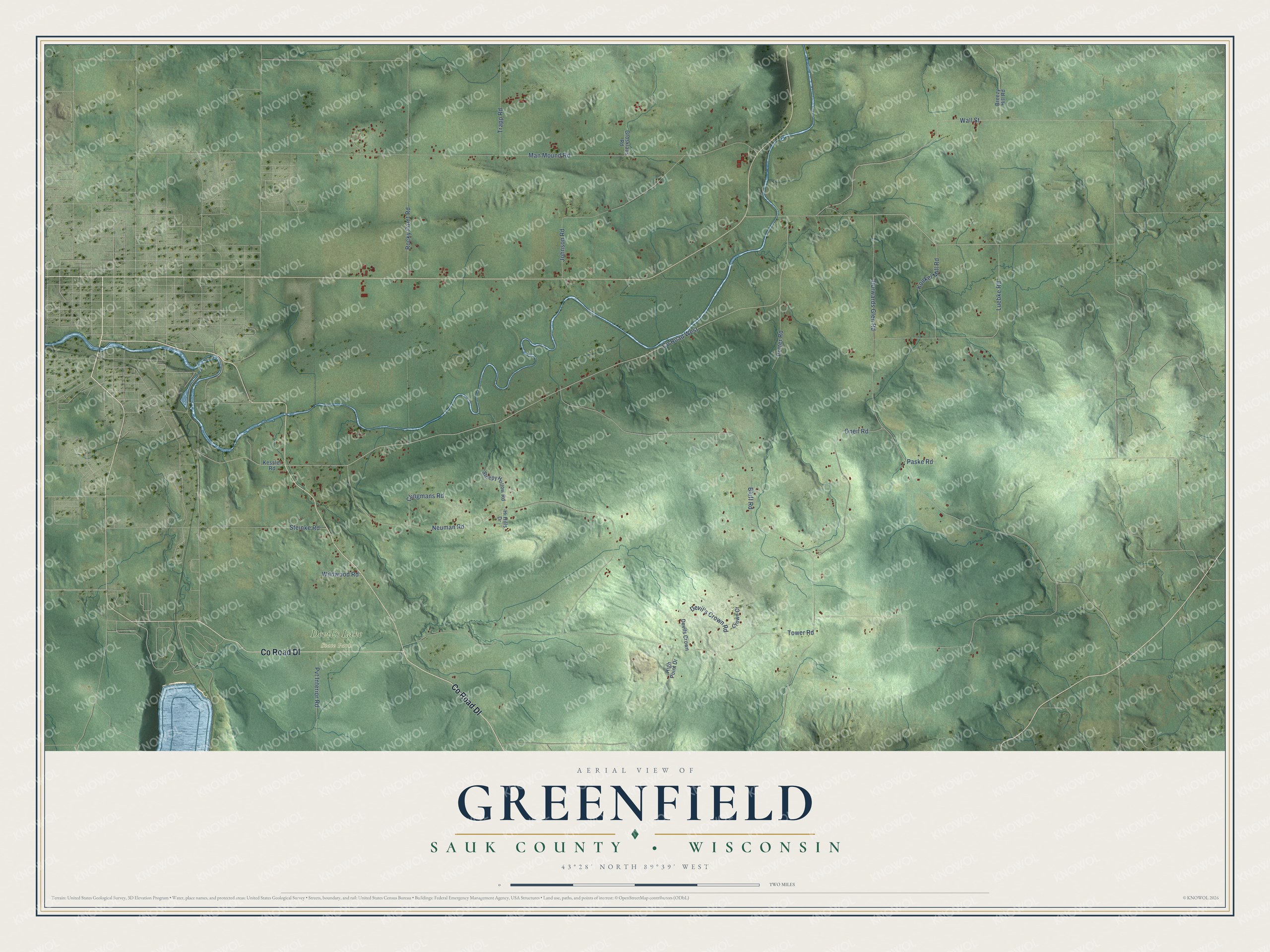 Full map of Greenfield, Wisconsin, with red buildings, printed street names and the land around them