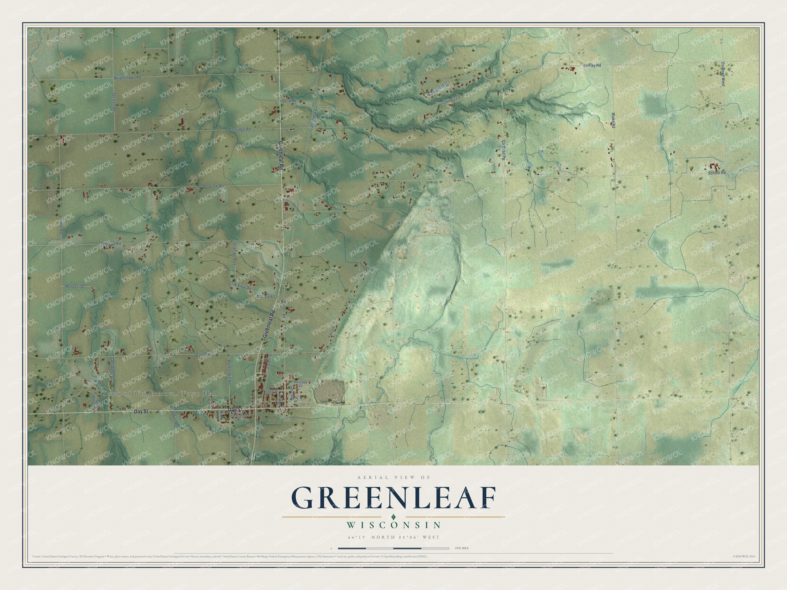 Full map of Greenleaf, Wisconsin, with red buildings, printed street names and the land around them