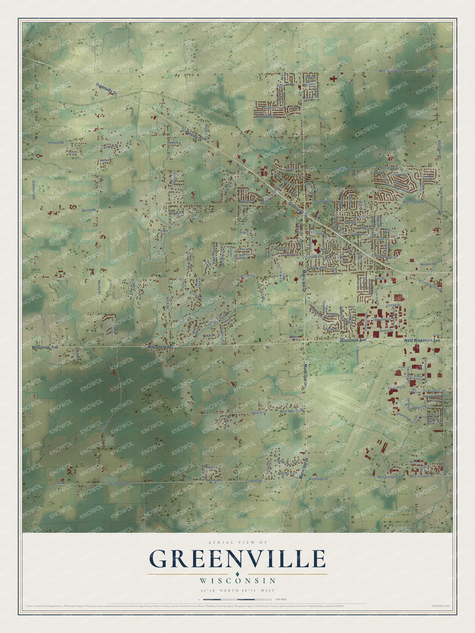 Full map of Greenville, Wisconsin, with red buildings, printed street names and the land around them