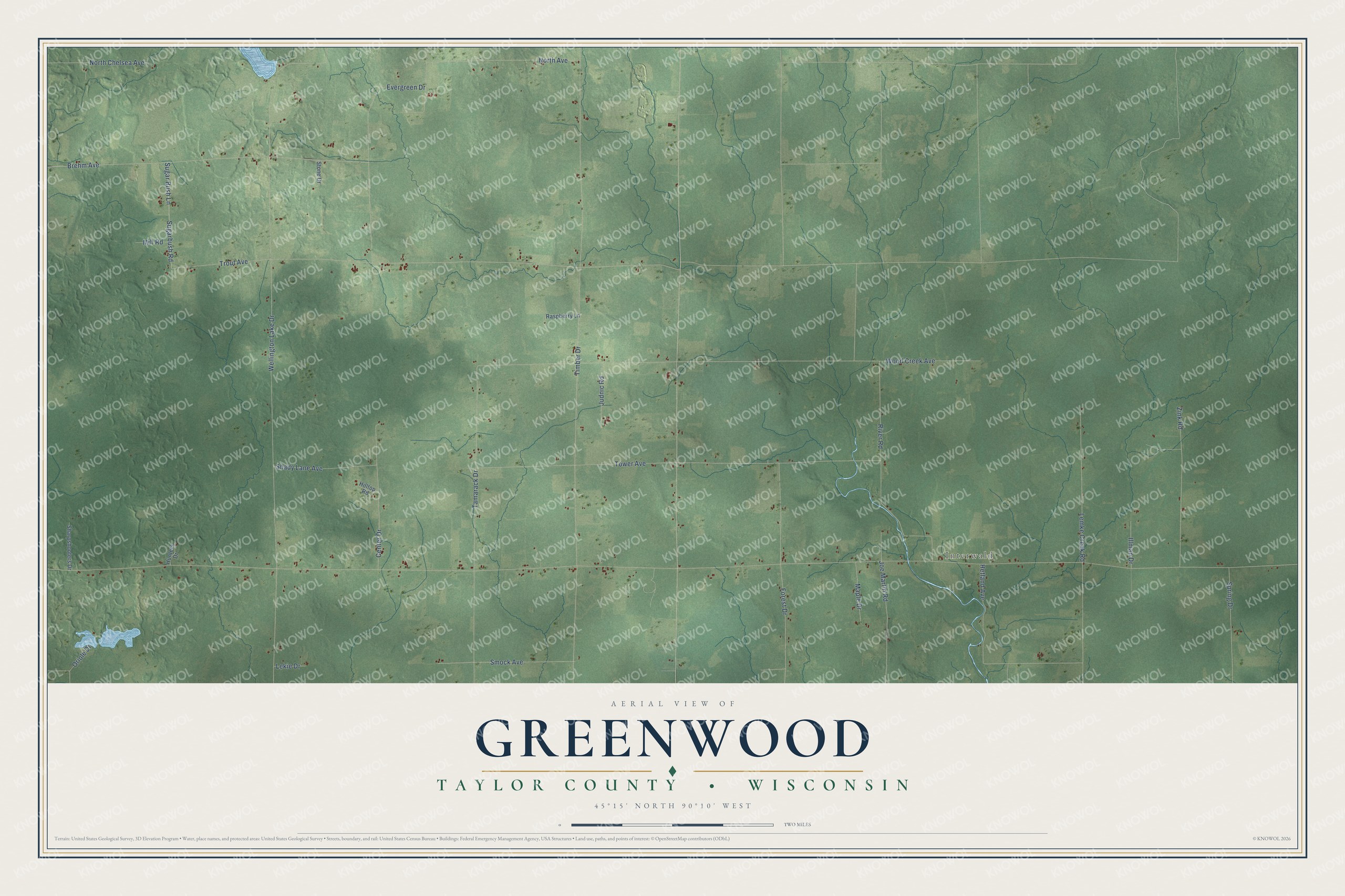 Full map of Greenwood, Wisconsin, with red buildings, printed street names and the land around them