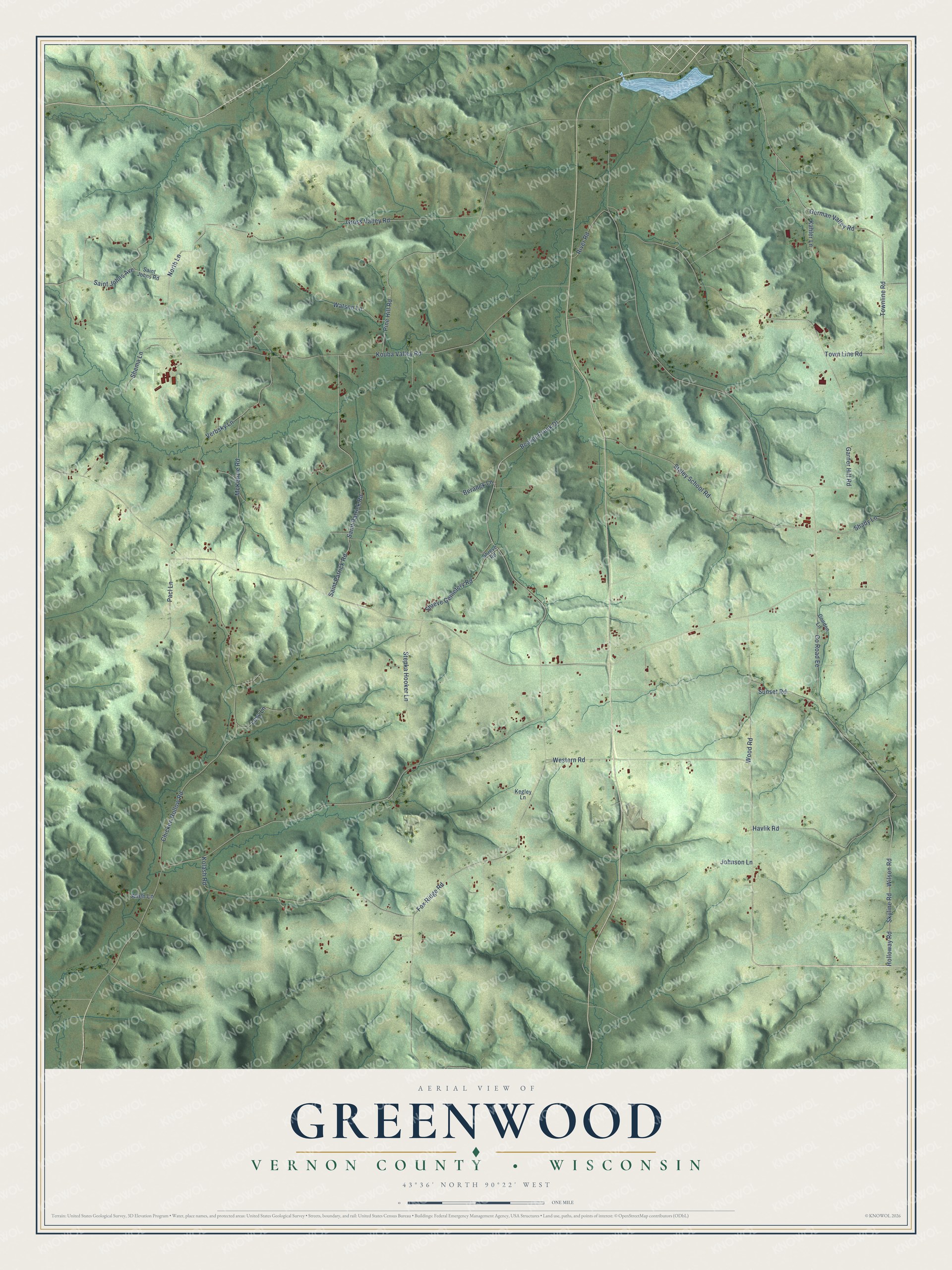 Full map of Greenwood, Wisconsin, with red buildings, printed street names and the land around them