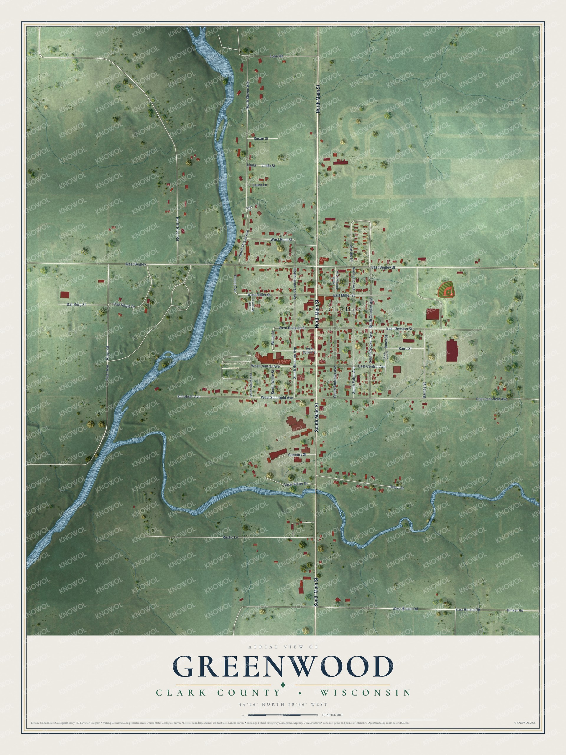 Full map of Greenwood, Wisconsin, with red buildings, printed street names and the land around them