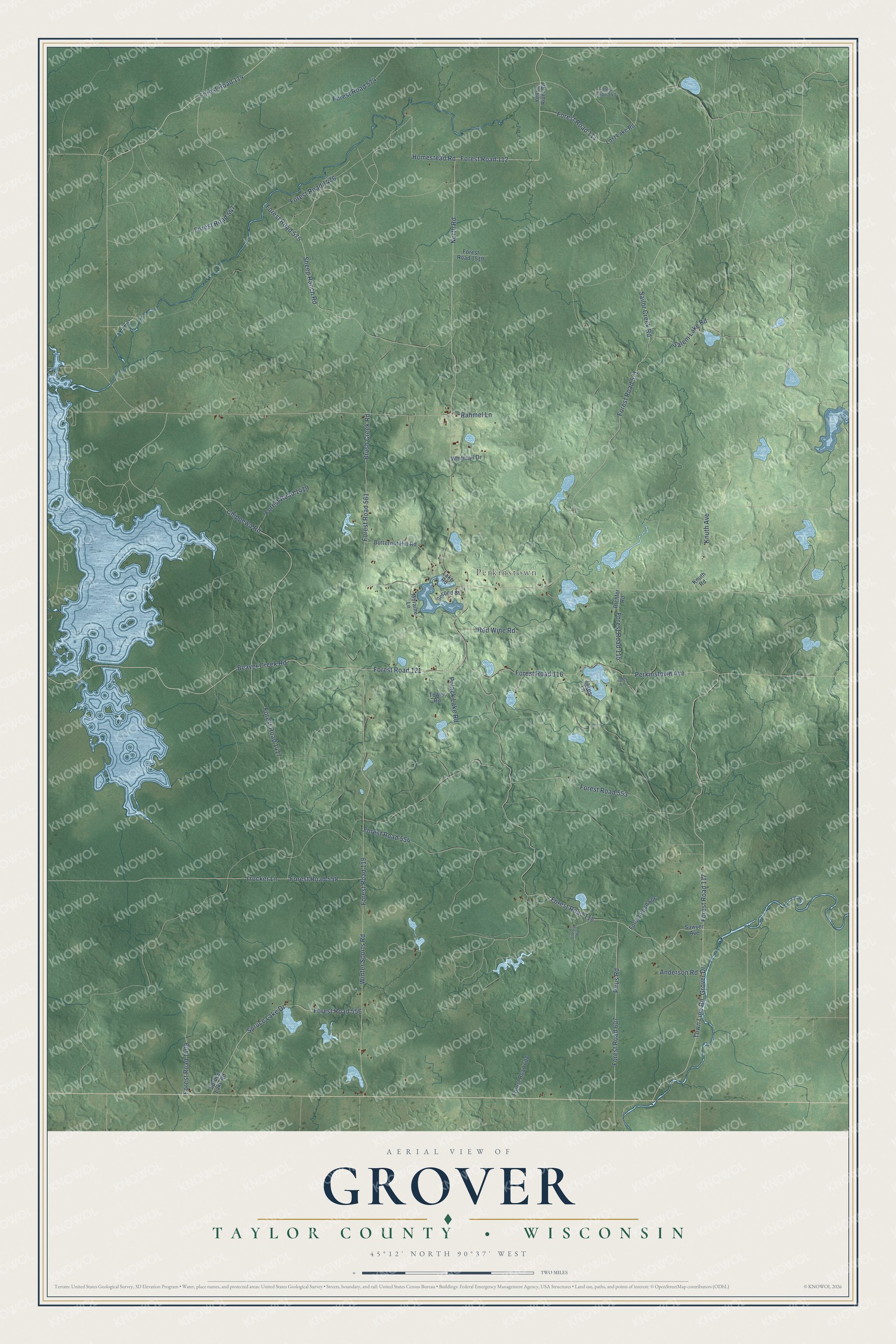 Full map of Grover, Wisconsin, with red buildings, printed street names and the land around them