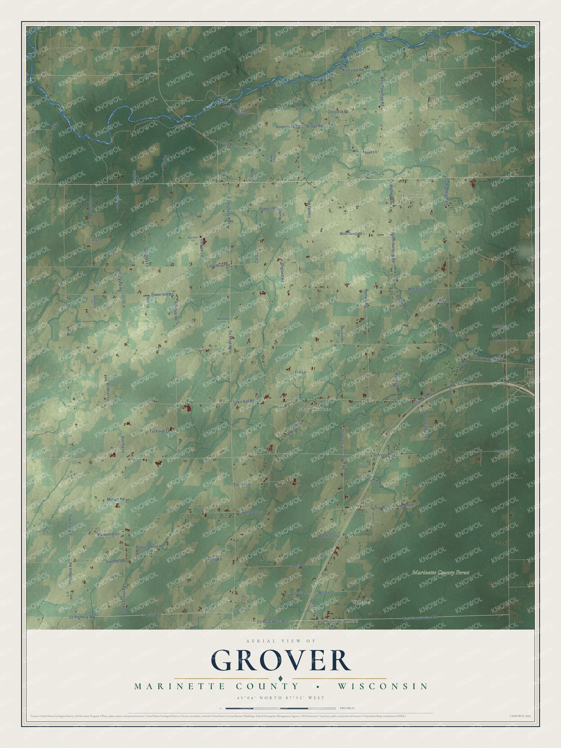 Full map of Grover, Wisconsin, with red buildings, printed street names and the land around them