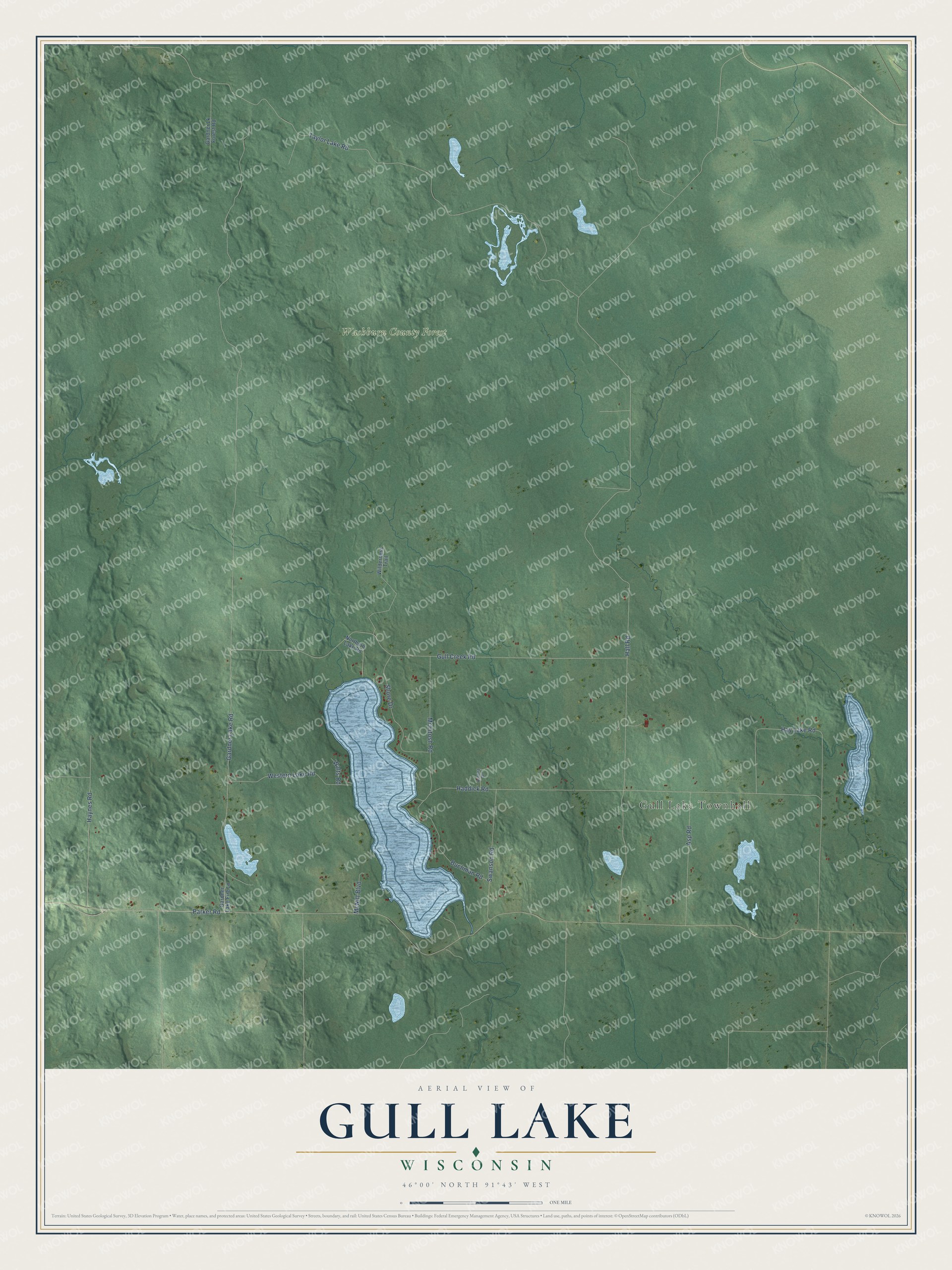 Full map of Gull Lake, Wisconsin, with red buildings, printed street names and the land around them