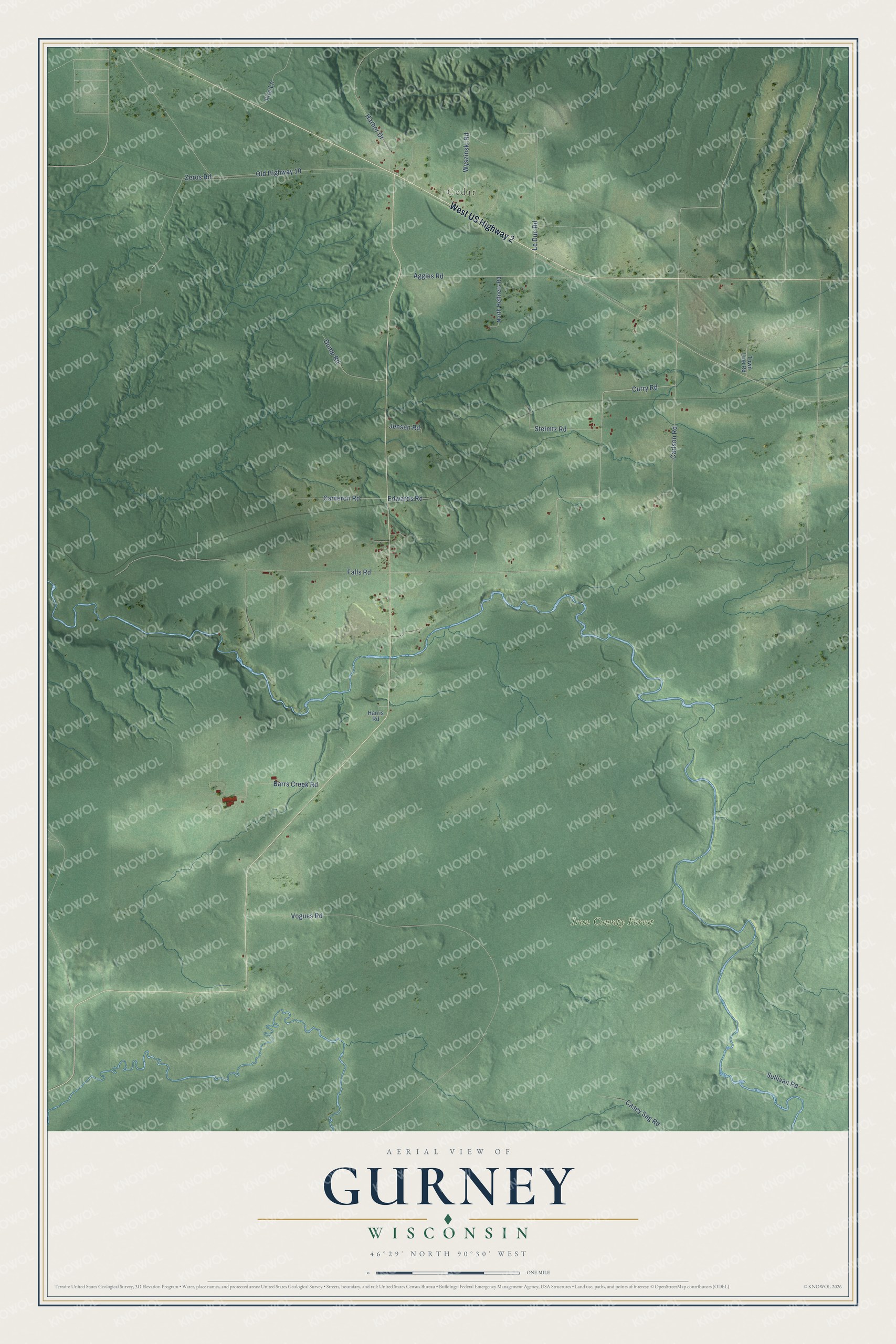 Full map of Gurney, Wisconsin, with red buildings, printed street names and the land around them