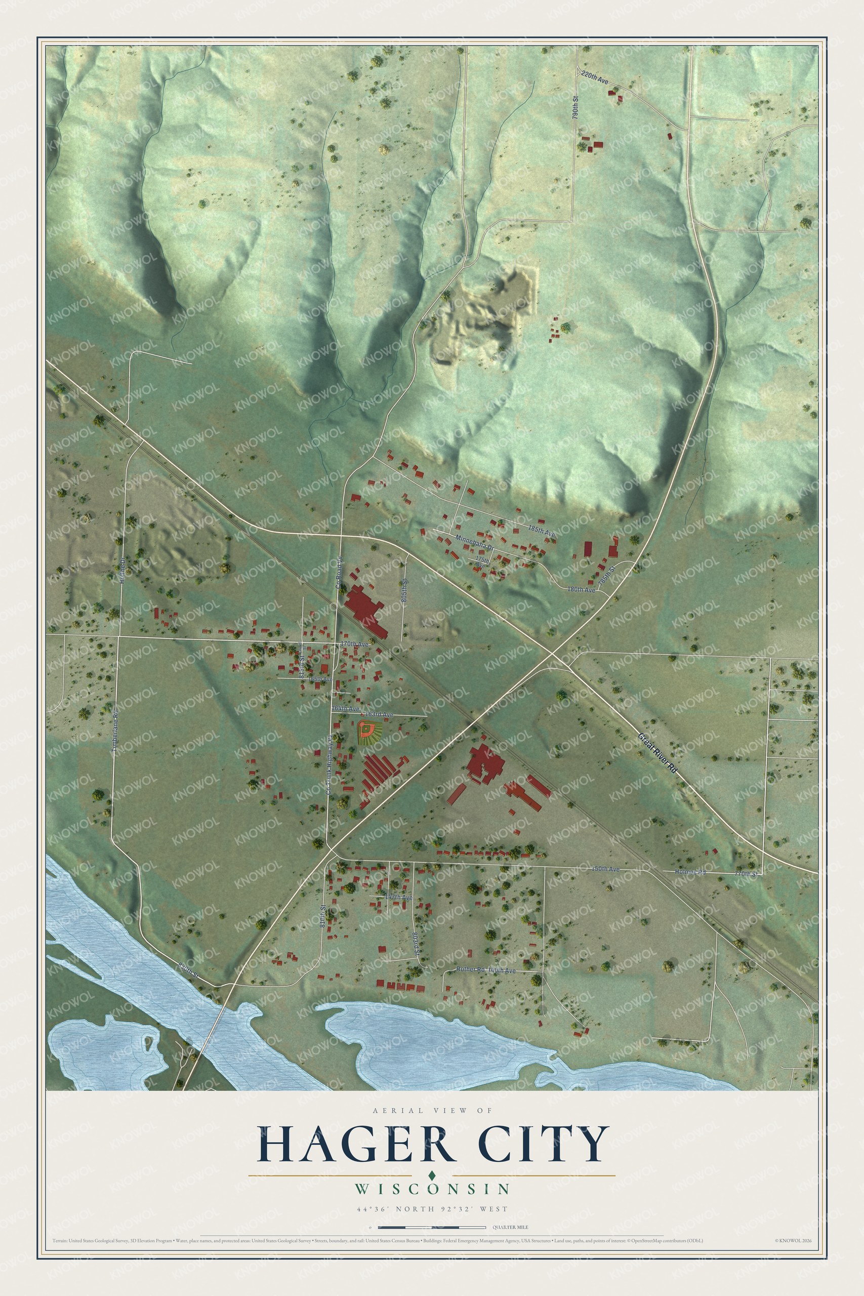 Full map of Hager City, Wisconsin, with red buildings, printed street names and the land around them