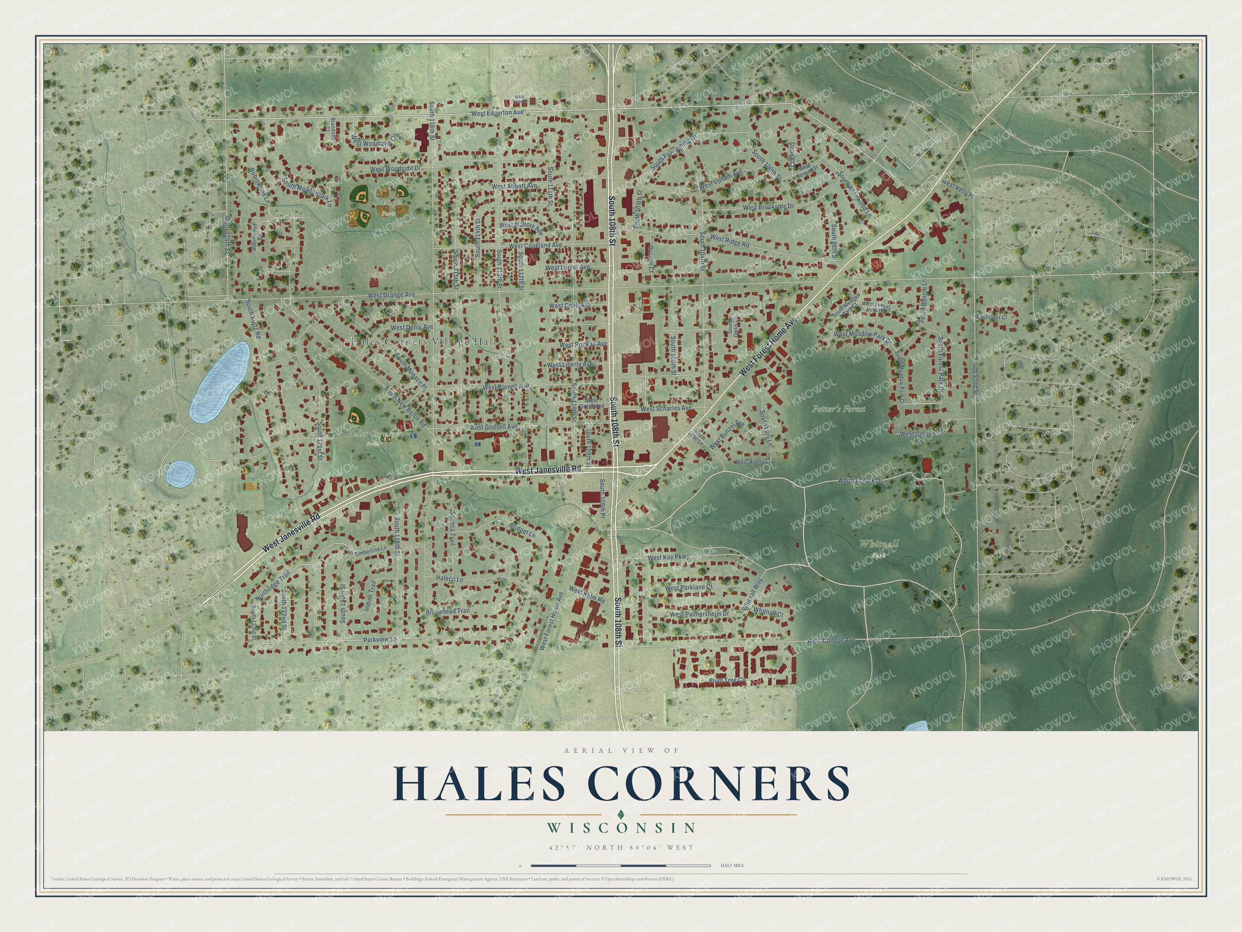 Full map of Hales Corners, Wisconsin, with red buildings, printed street names and the land around them