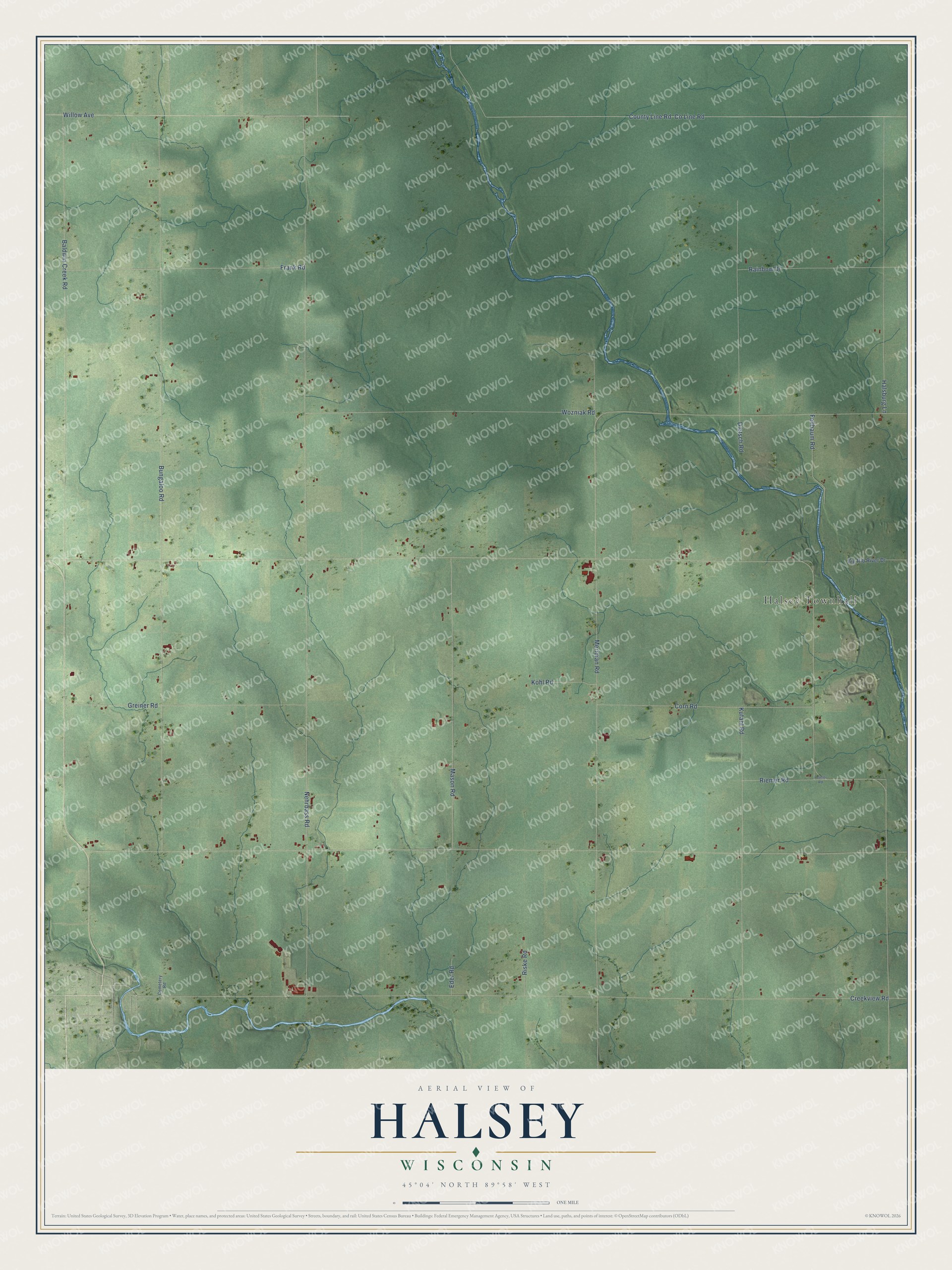 Full map of Halsey, Wisconsin, with red buildings, printed street names and the land around them