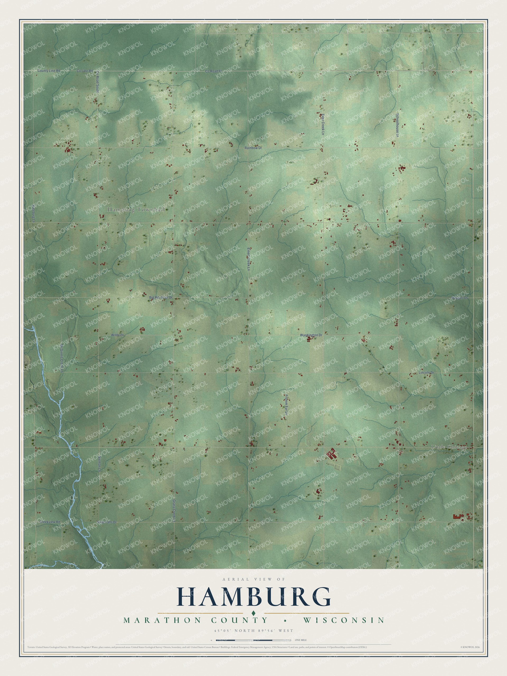 Full map of Hamburg, Wisconsin, with red buildings, printed street names and the land around them
