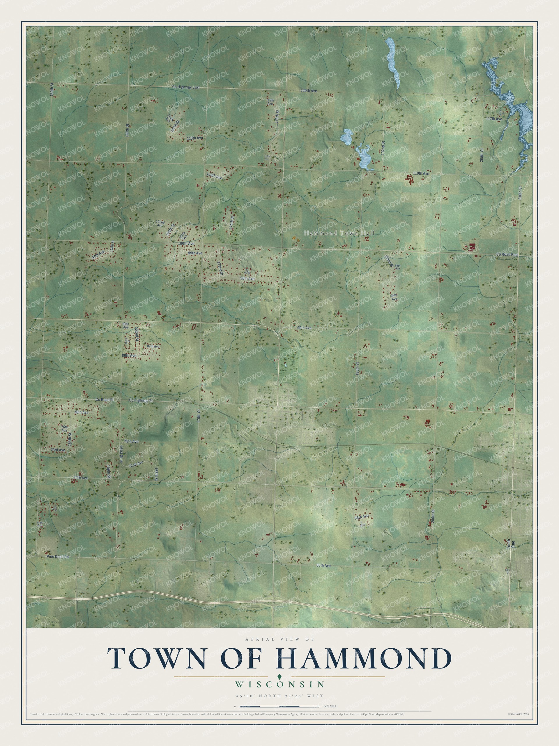 Full map of Hammond, Wisconsin, with red buildings, printed street names and the land around them