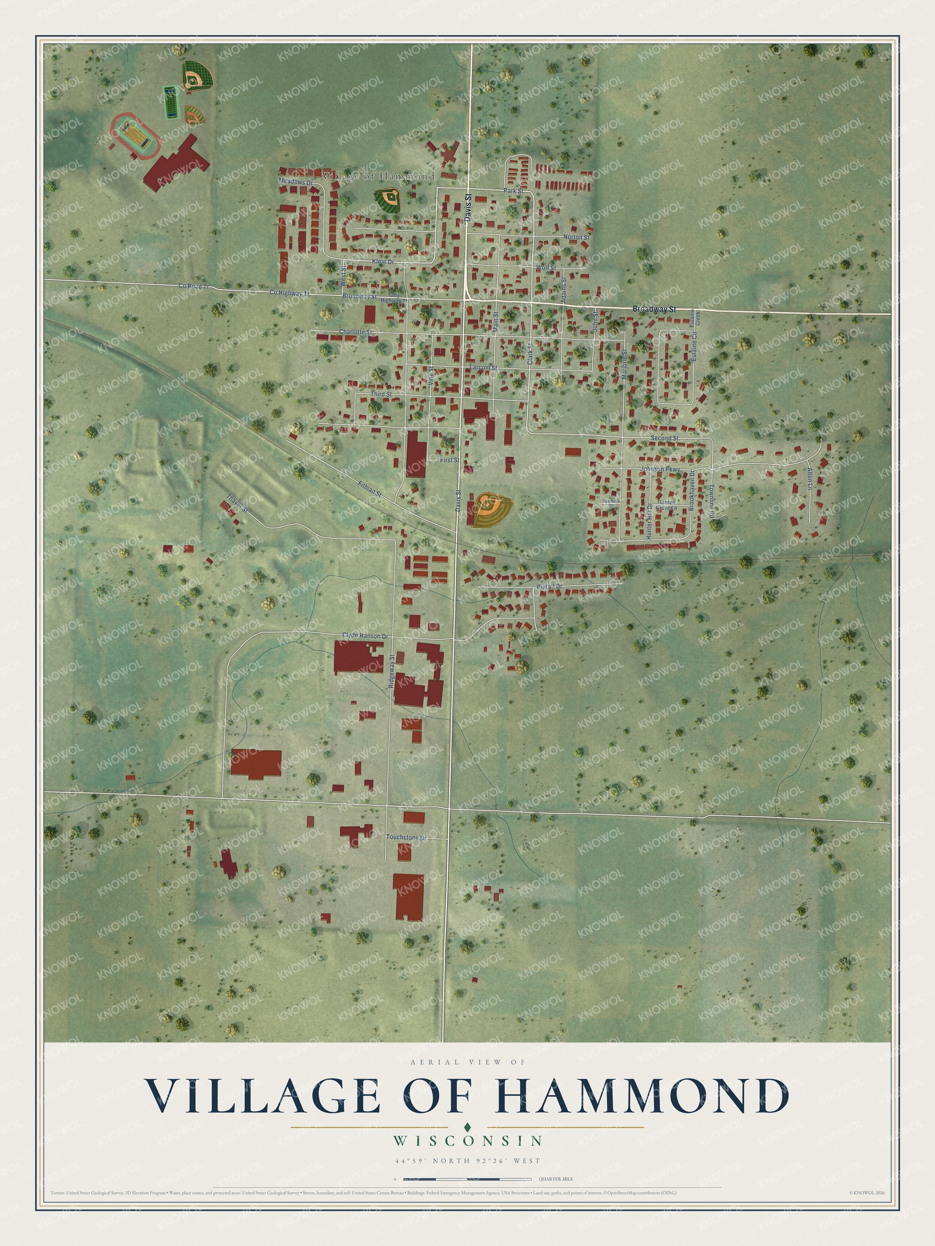 Full map of Hammond, Wisconsin, with red buildings, printed street names and the land around them