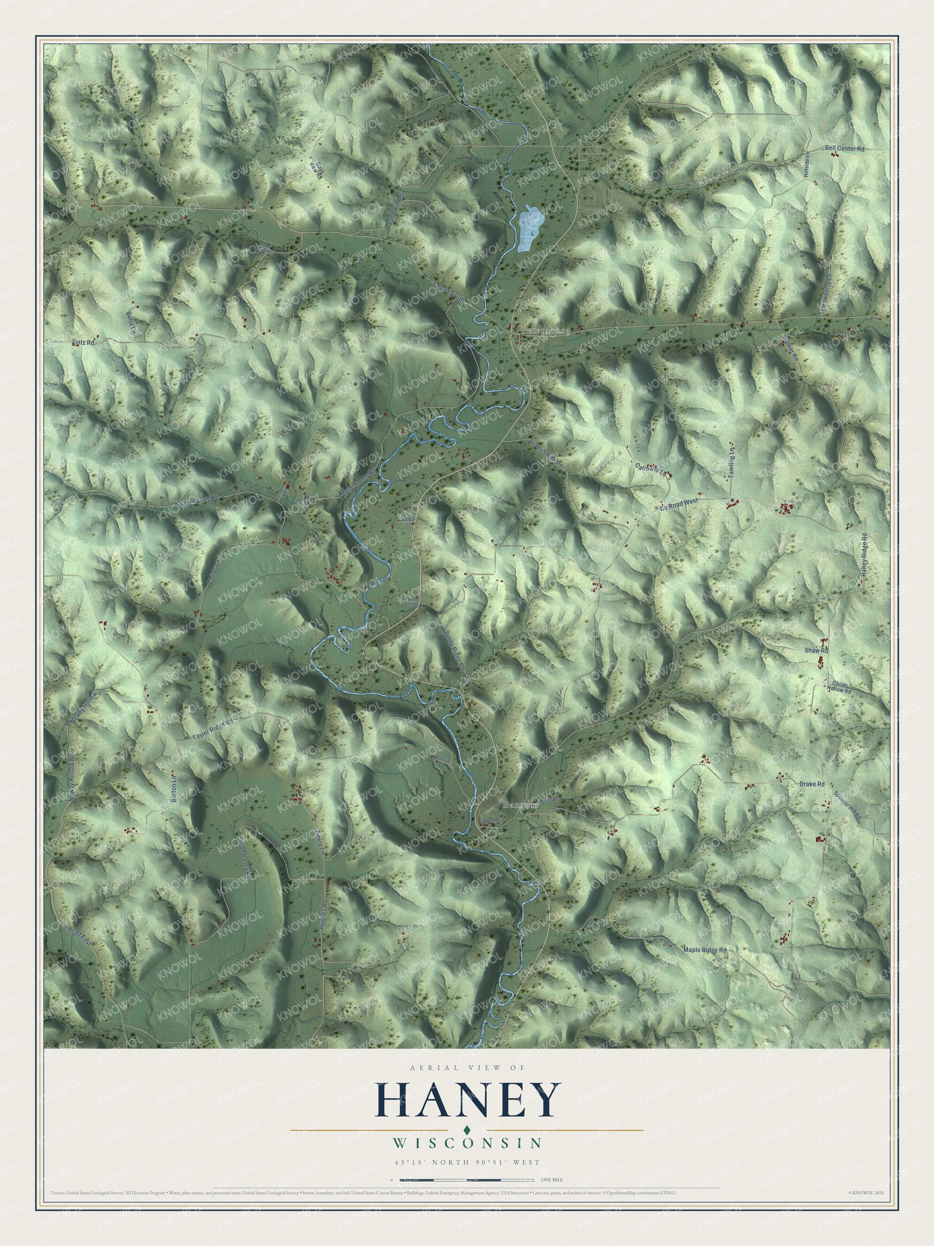 Full map of Haney, Wisconsin, with red buildings, printed street names and the land around them