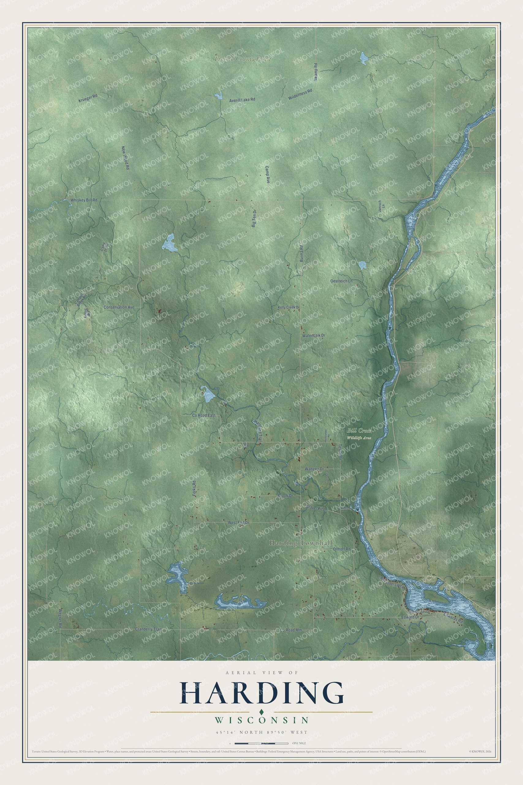 Full map of Harding, Wisconsin, with red buildings, printed street names and the land around them