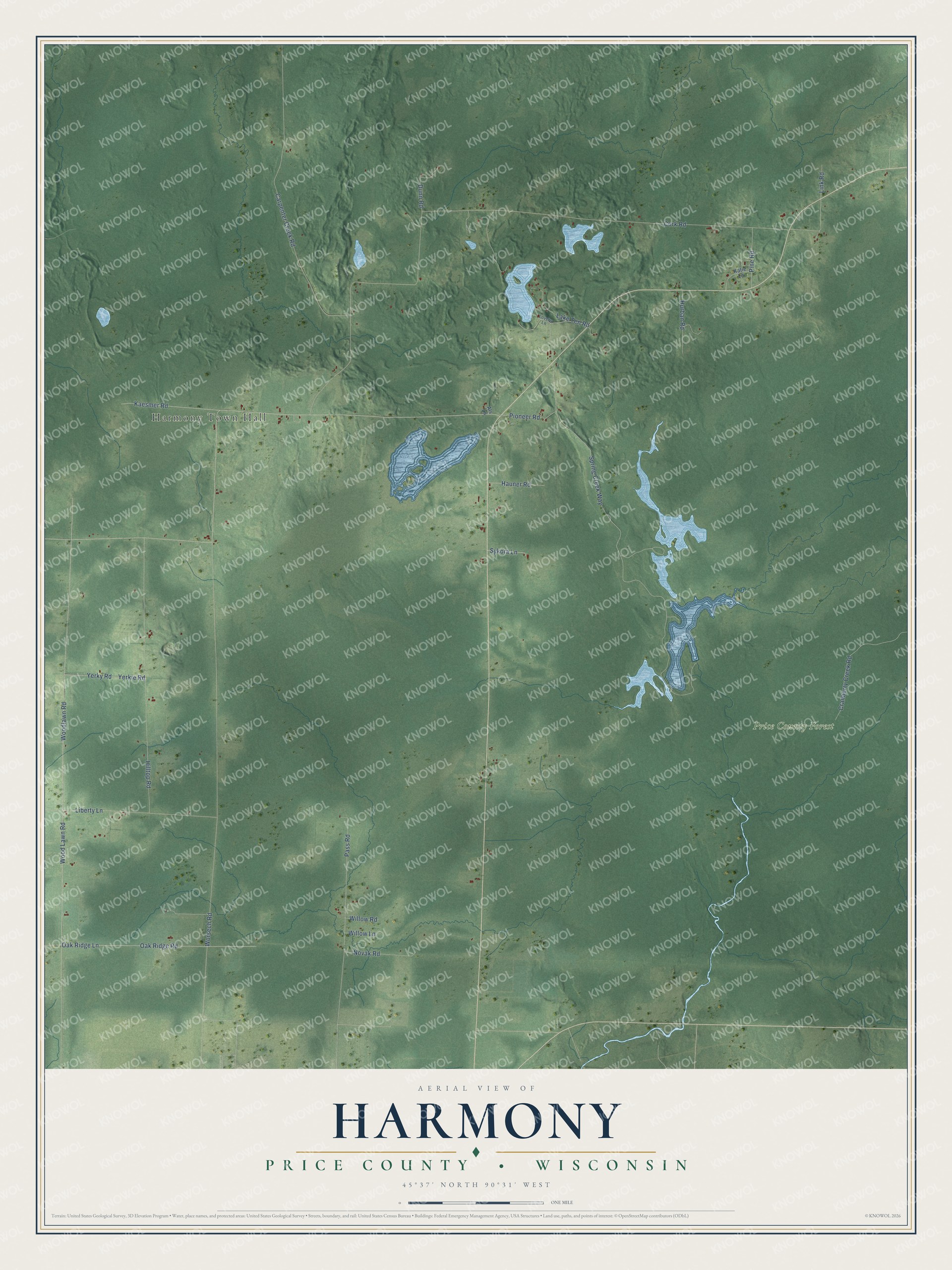 Full map of Harmony, Wisconsin, with red buildings, printed street names and the land around them