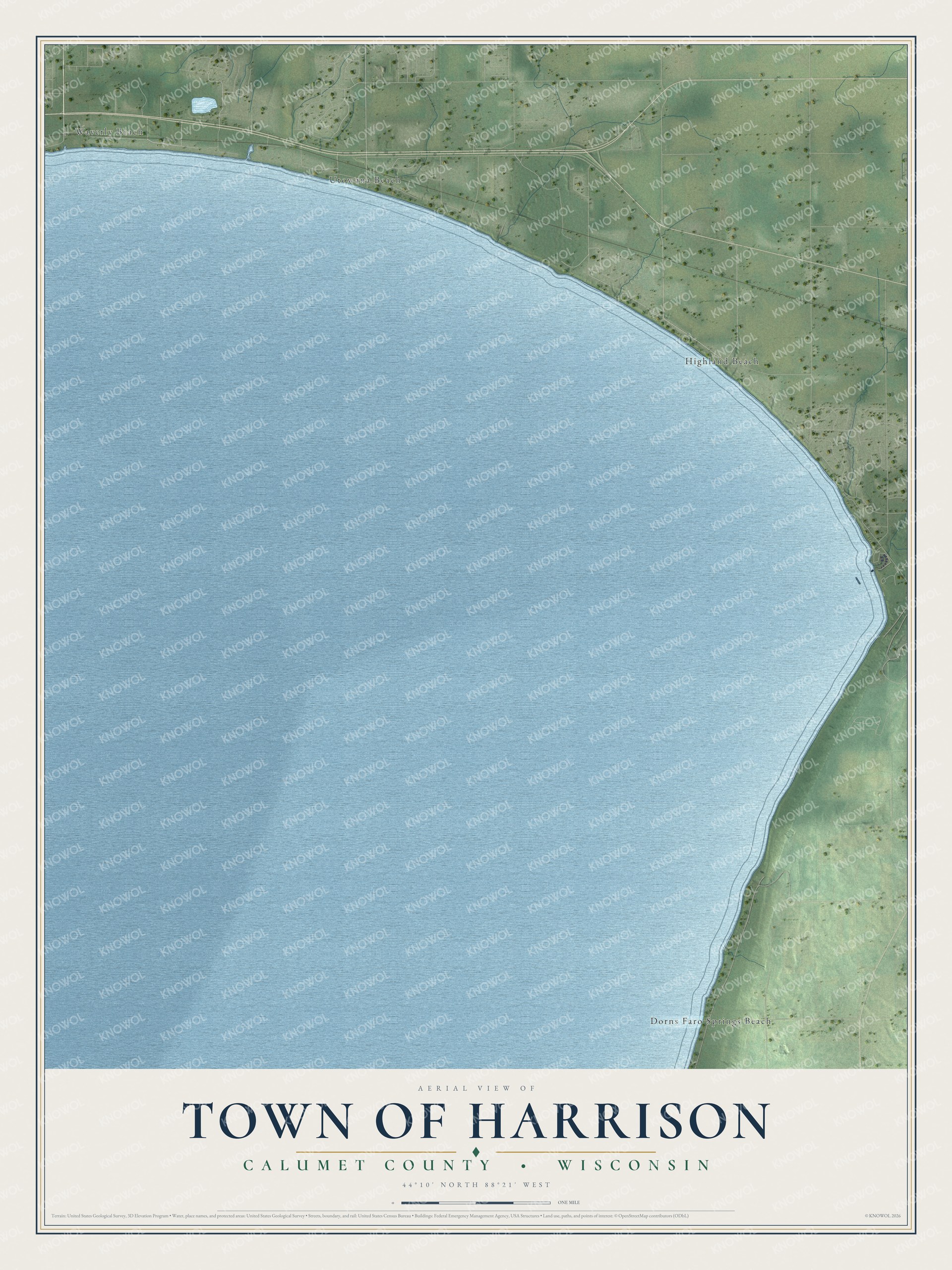 Full map of Harrison, Wisconsin, with red buildings, printed street names and the land around them