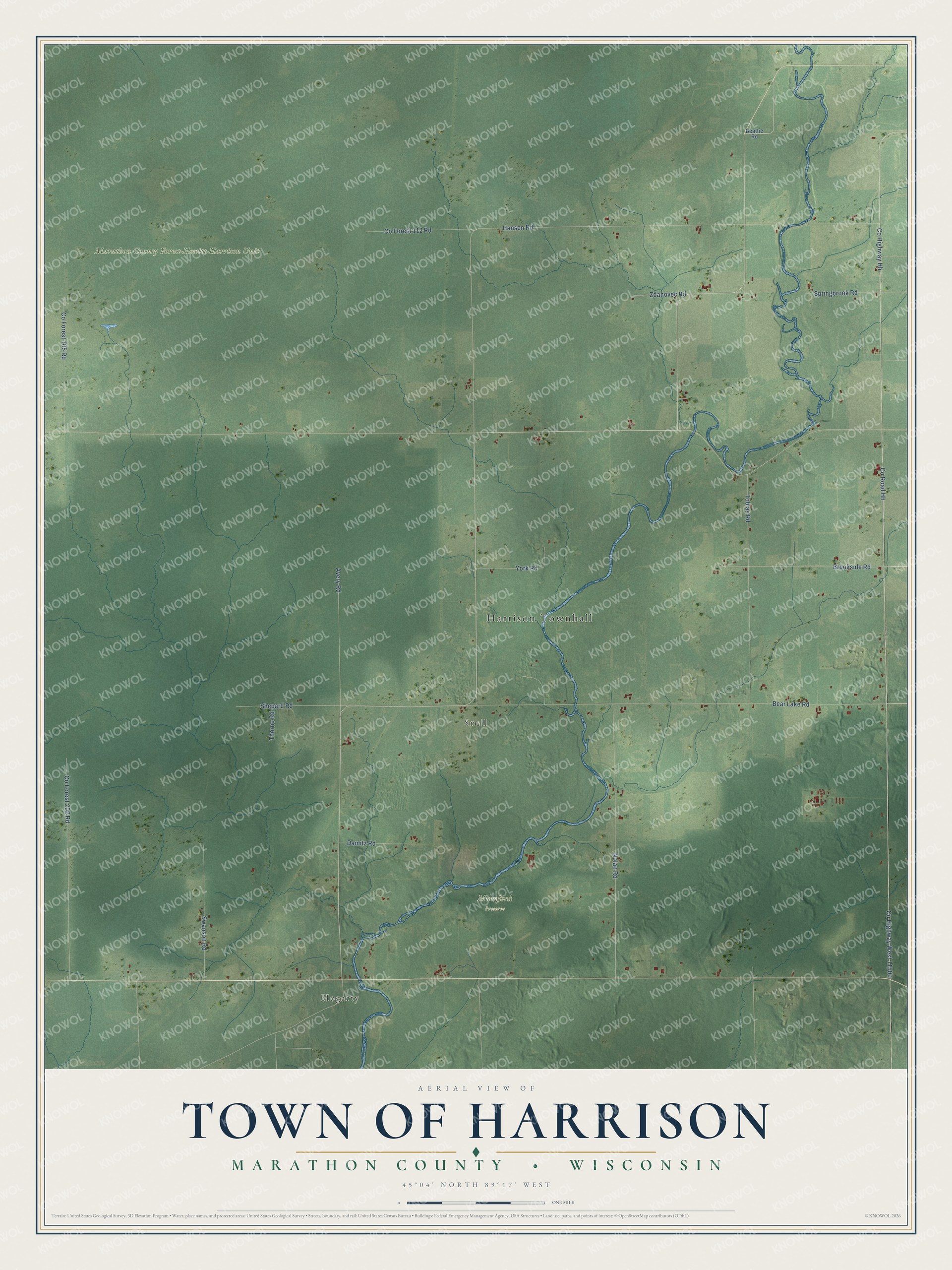 Full map of Harrison, Wisconsin, with red buildings, printed street names and the land around them