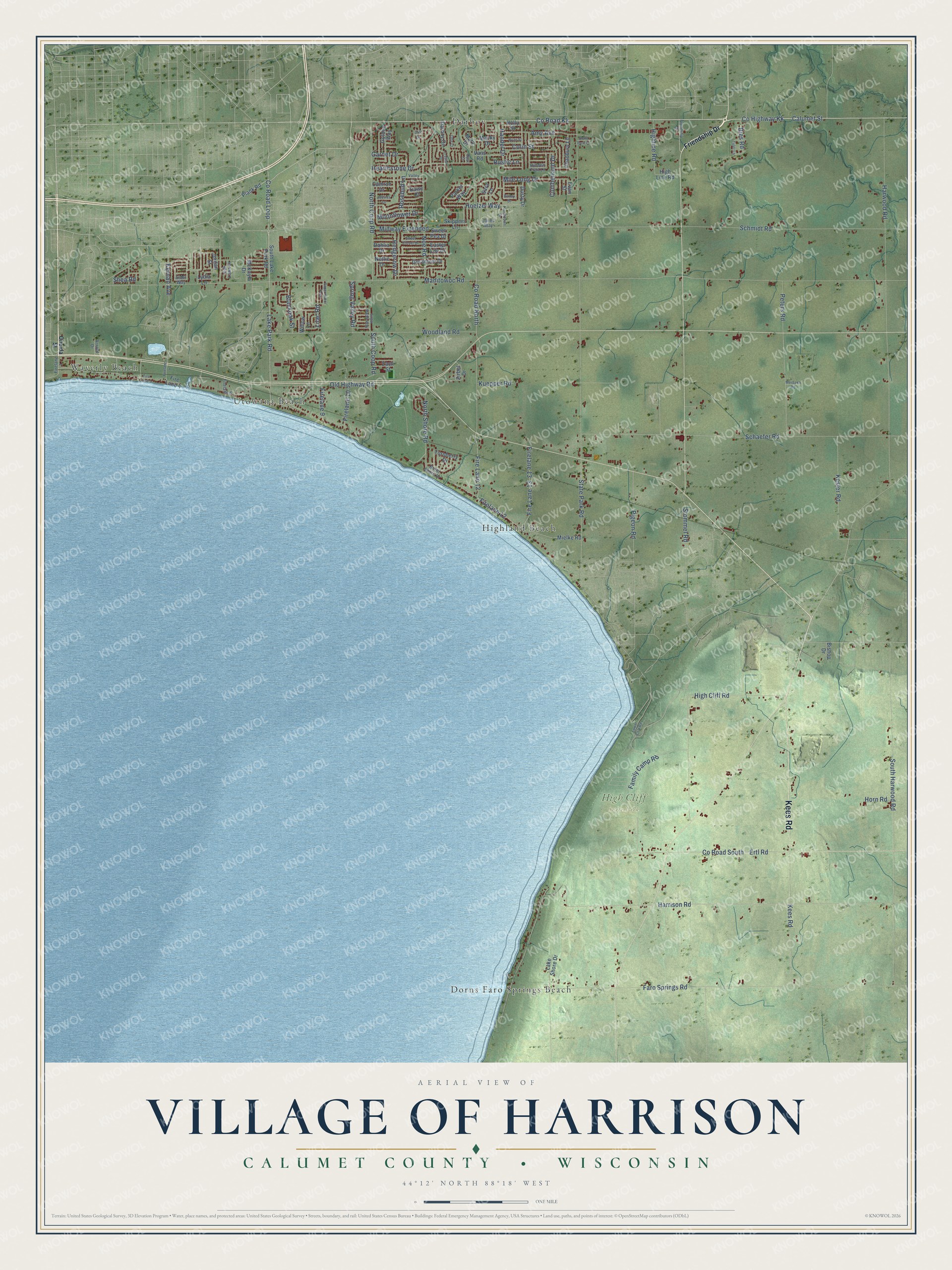Full map of Harrison, Wisconsin, with red buildings, printed street names and the land around them