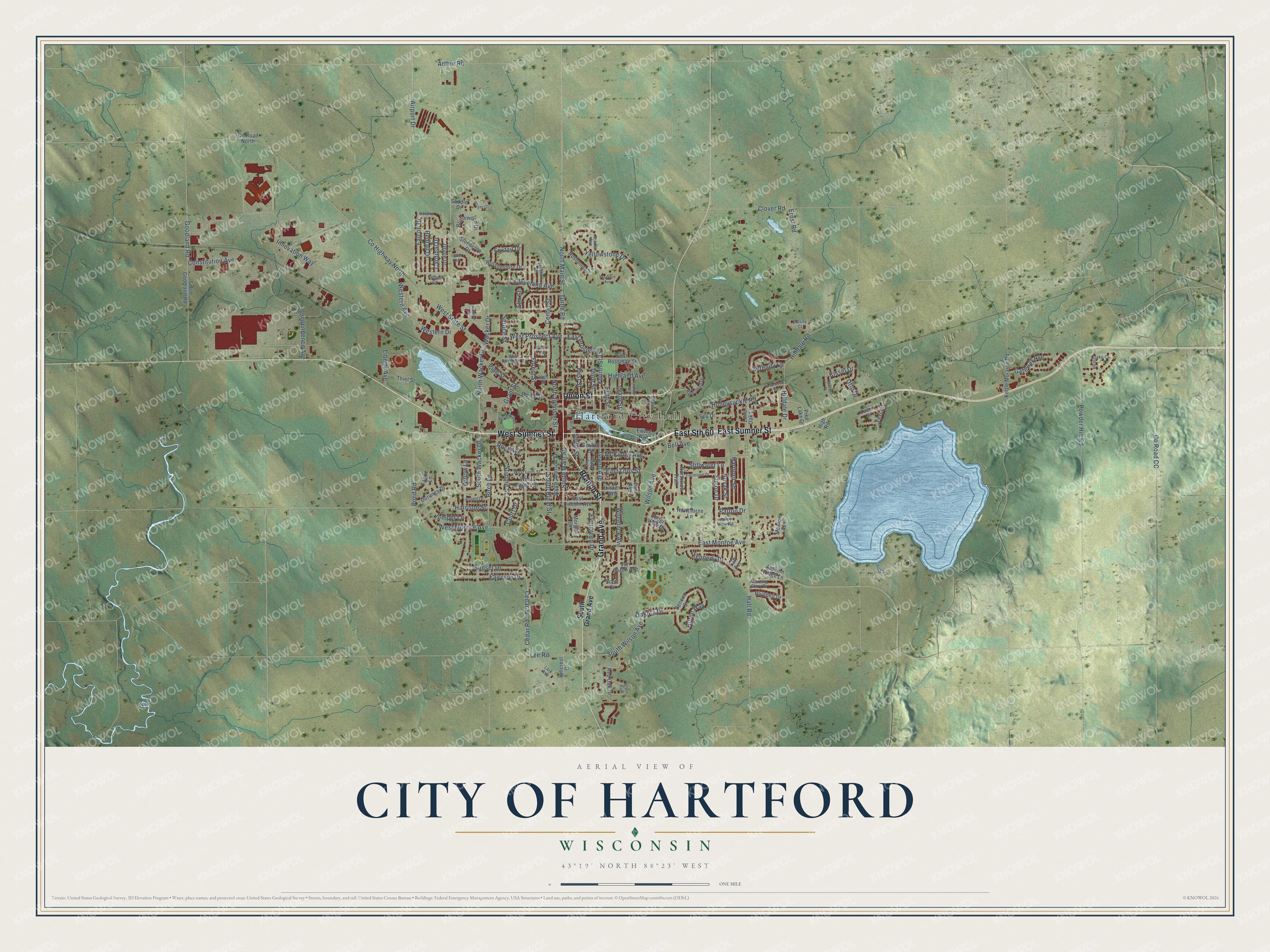 Full map of Hartford, Wisconsin, with red buildings, printed street names and the land around them