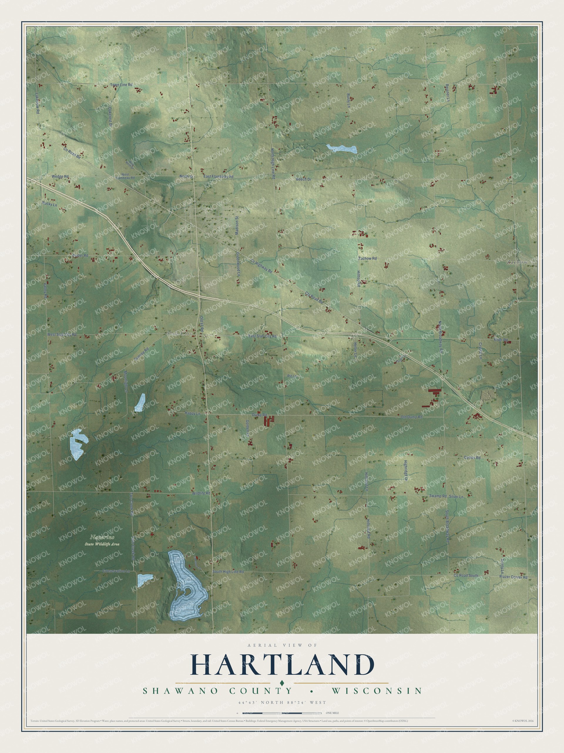 Full map of Hartland, Wisconsin, with red buildings, printed street names and the land around them
