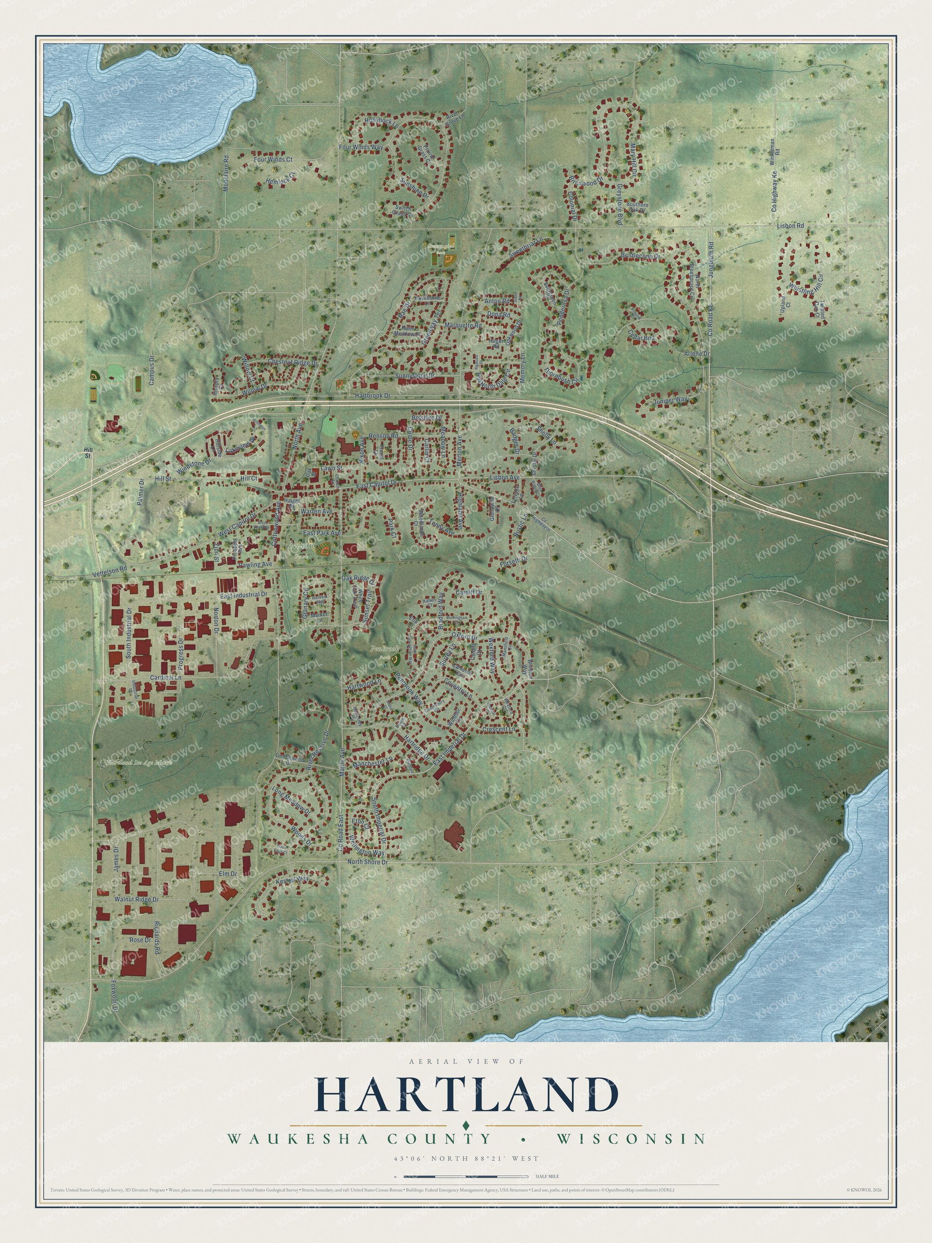 Full map of Hartland, Wisconsin, with red buildings, printed street names and the land around them
