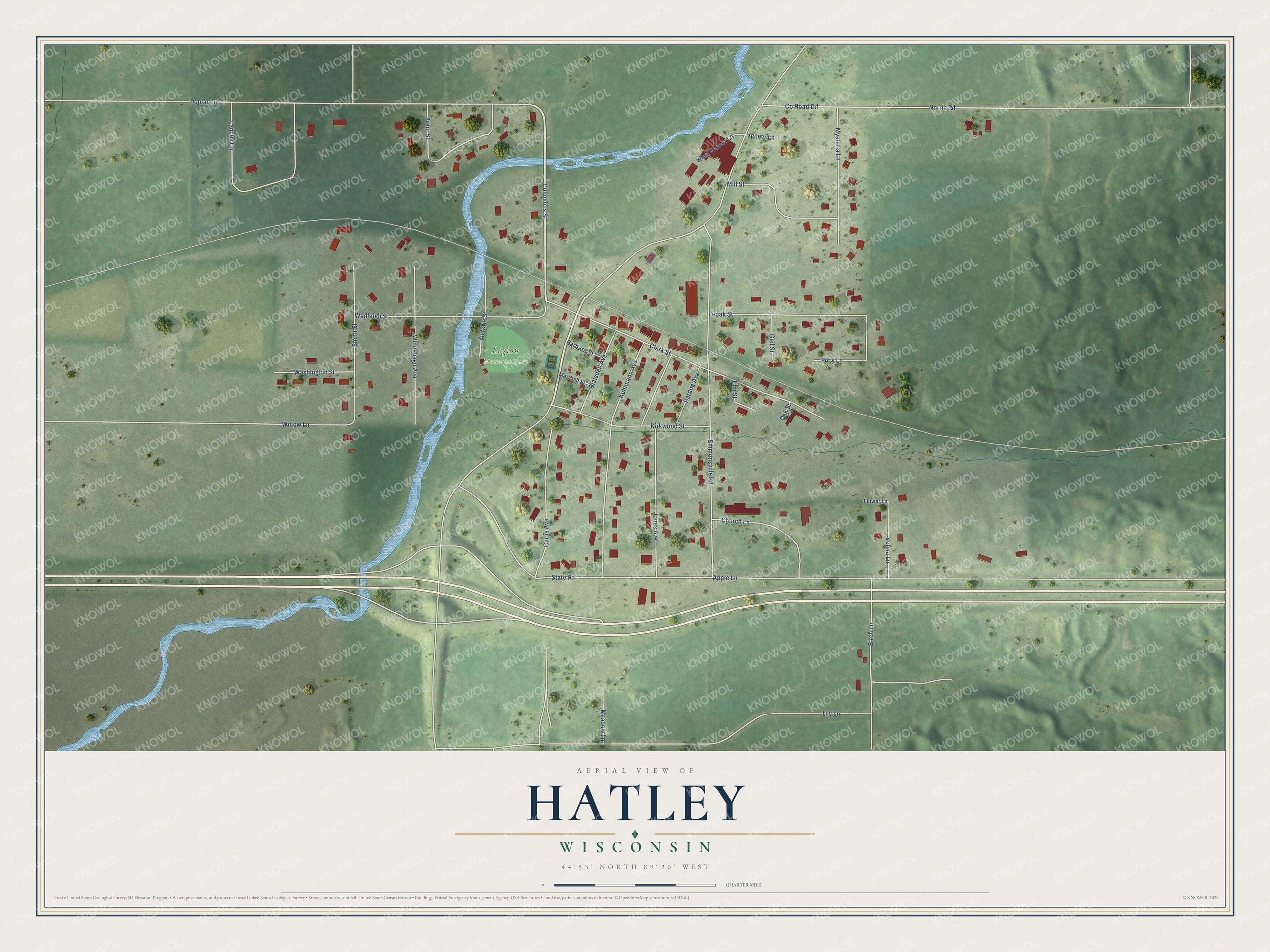 Full map of Hatley, Wisconsin, with red buildings, printed street names and the land around them