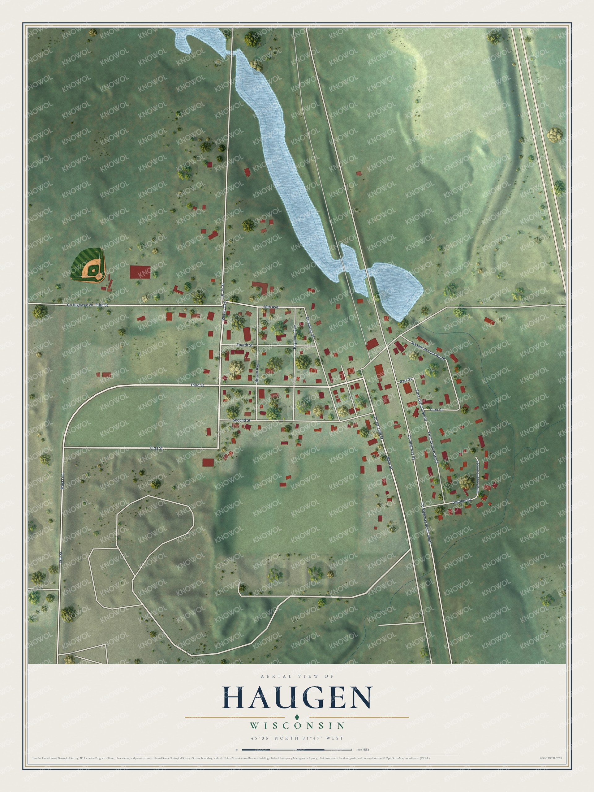 Full map of Haugen, Wisconsin, with red buildings, printed street names and the land around them