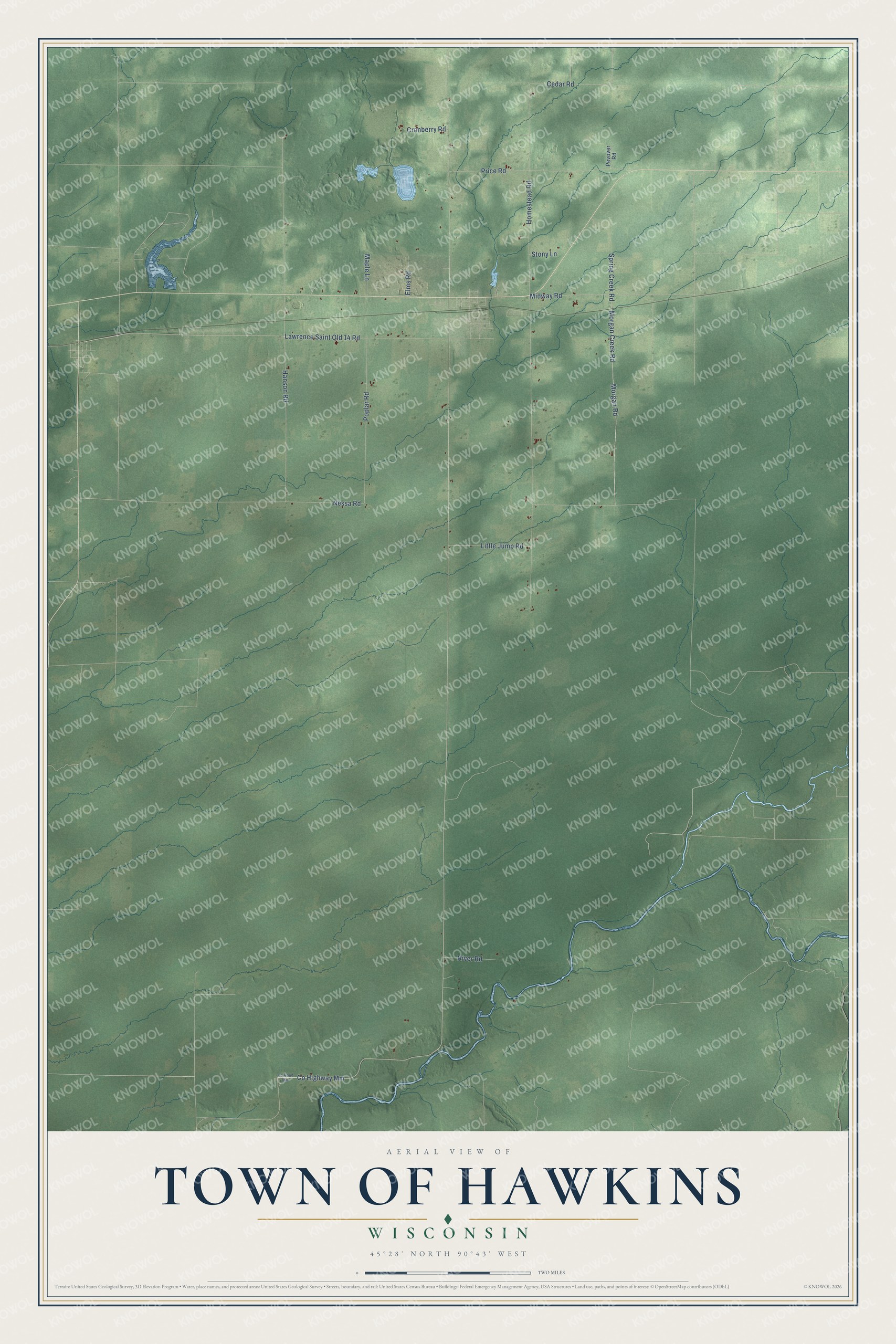 Full map of Hawkins, Wisconsin, with red buildings, printed street names and the land around them