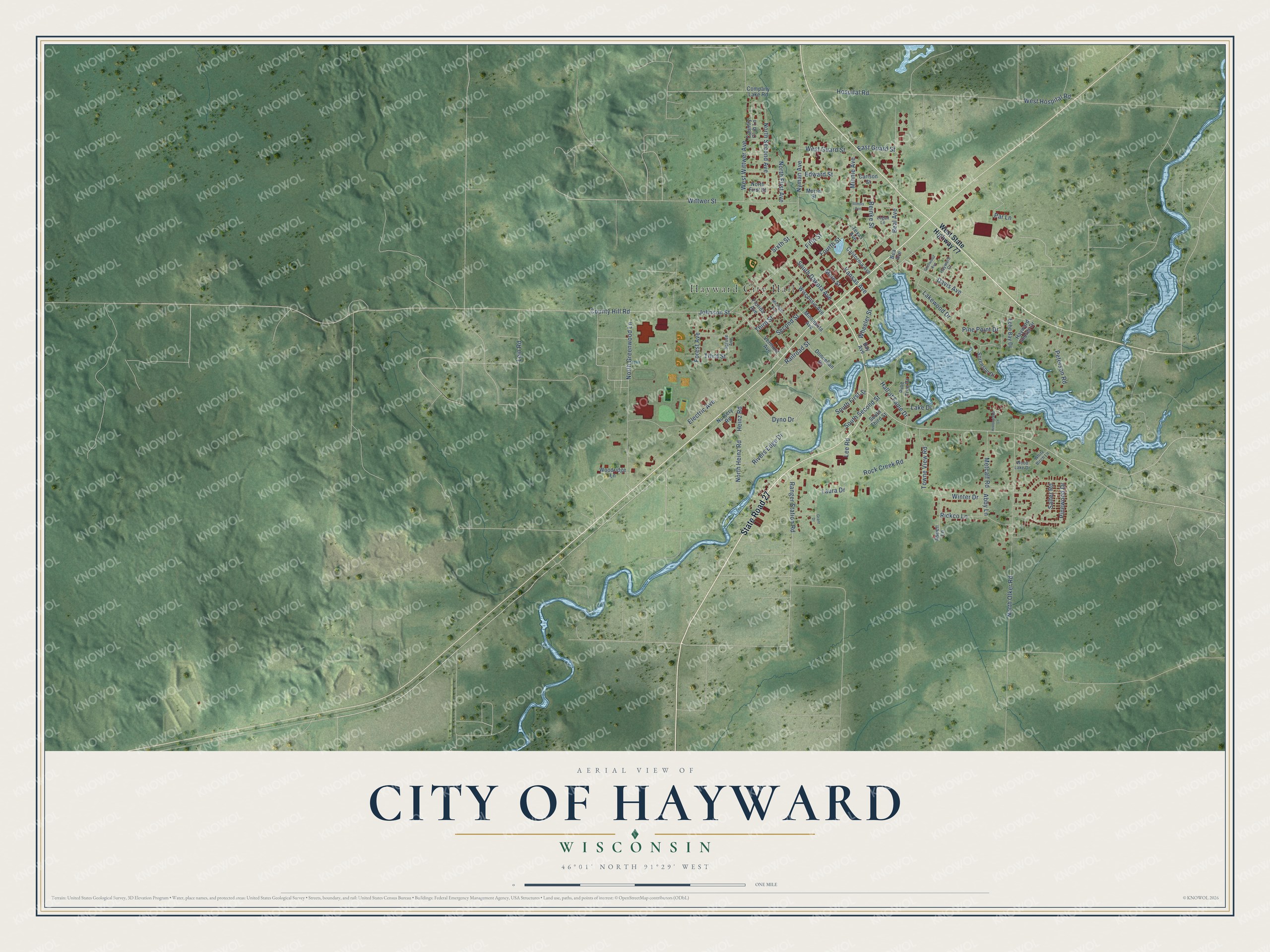 Full map of Hayward, Wisconsin, with red buildings, printed street names and the land around them