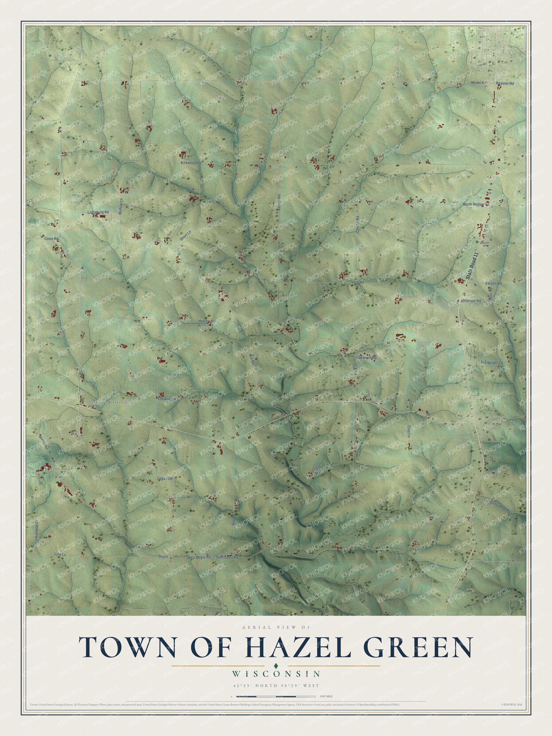 Full map of Hazel Green, Wisconsin, with red buildings, printed street names and the land around them