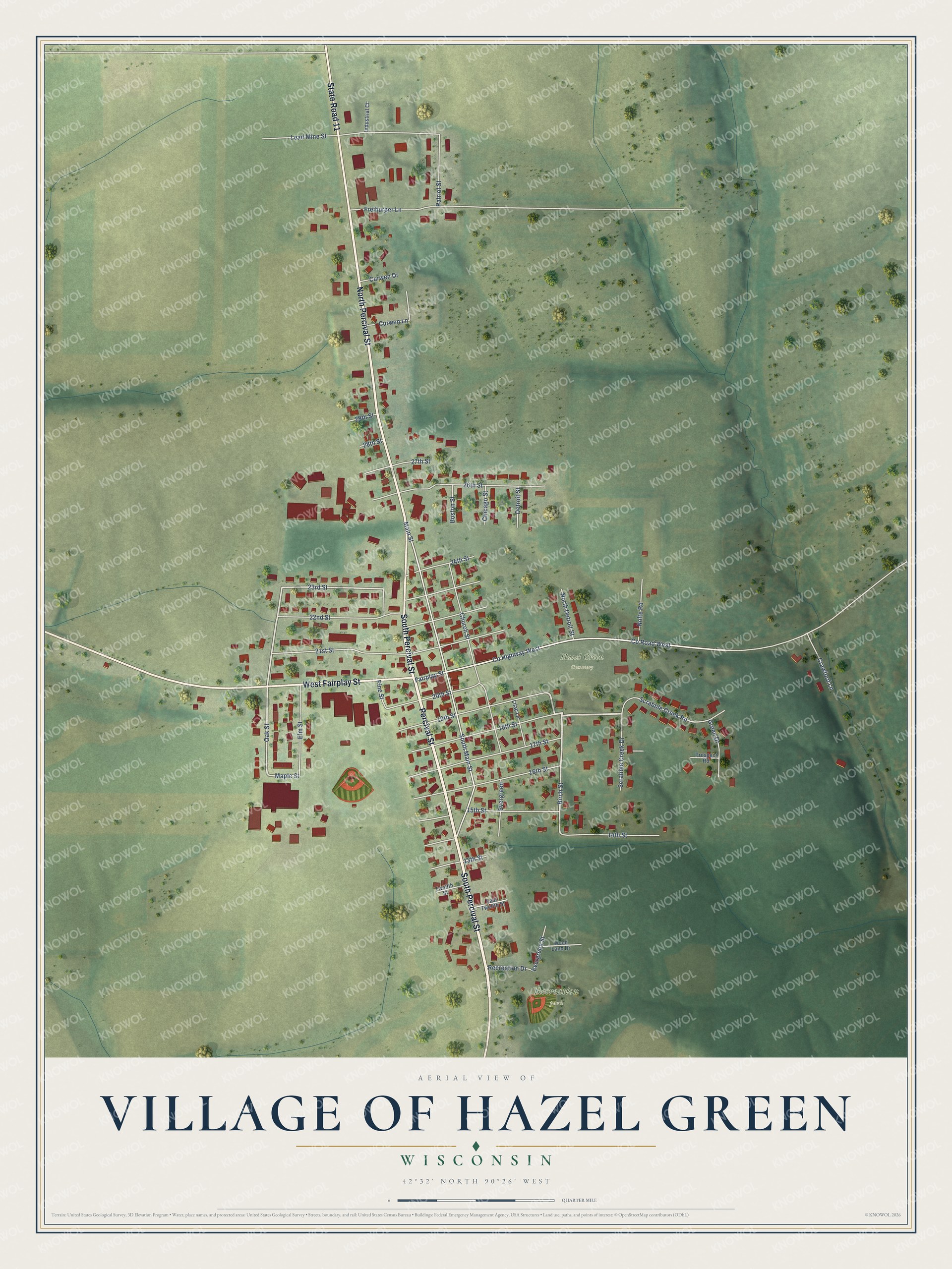 Full map of Hazel Green, Wisconsin, with red buildings, printed street names and the land around them