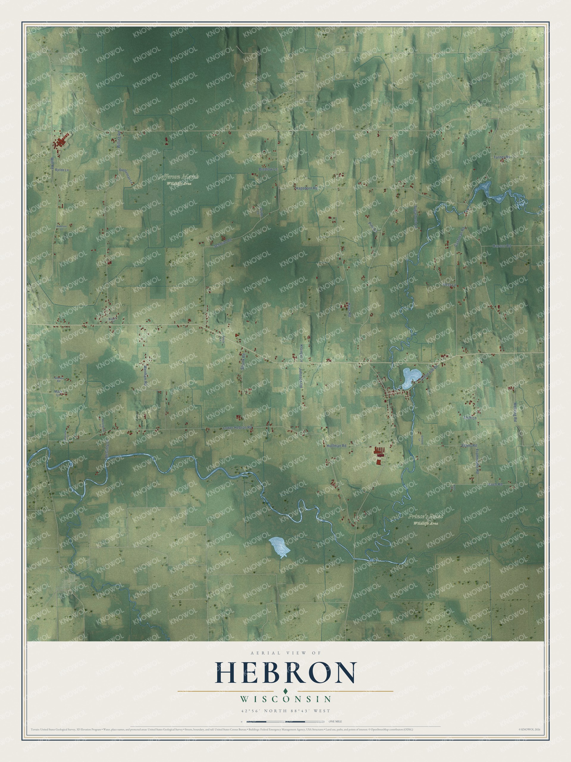 Full map of Hebron, Wisconsin, with red buildings, printed street names and the land around them