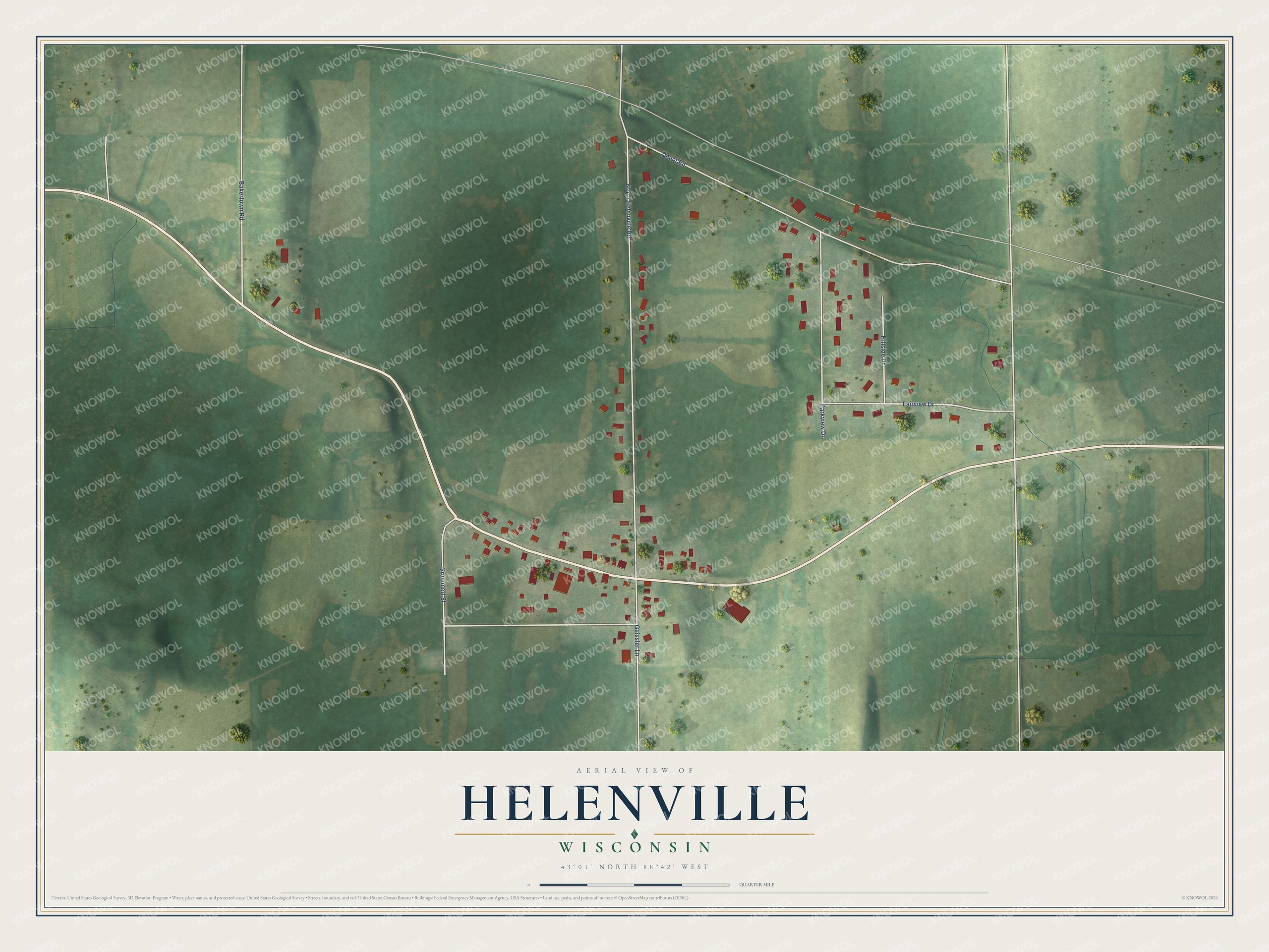 Full map of Helenville, Wisconsin, with red buildings, printed street names and the land around them