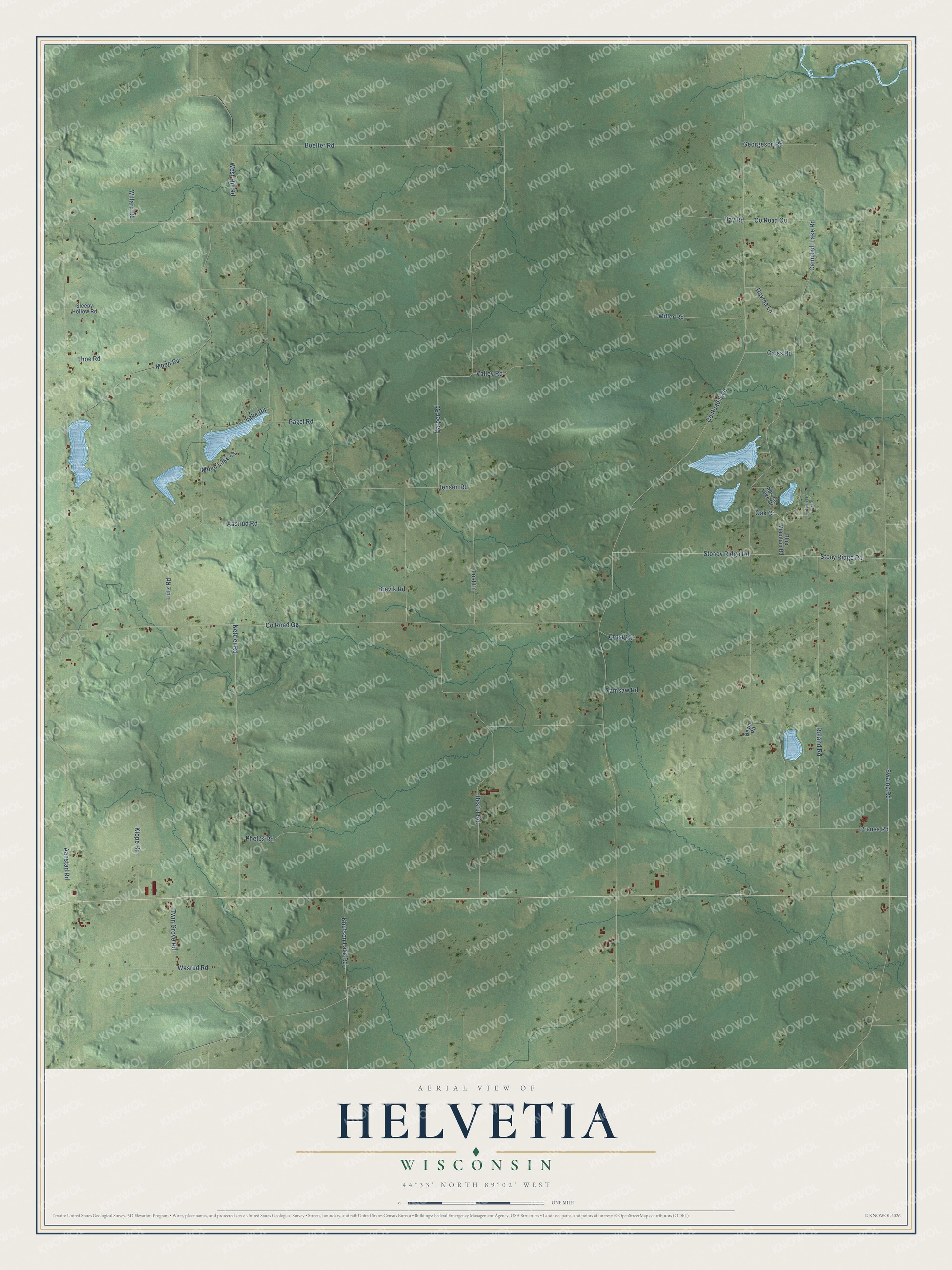 Full map of Helvetia, Wisconsin, with red buildings, printed street names and the land around them