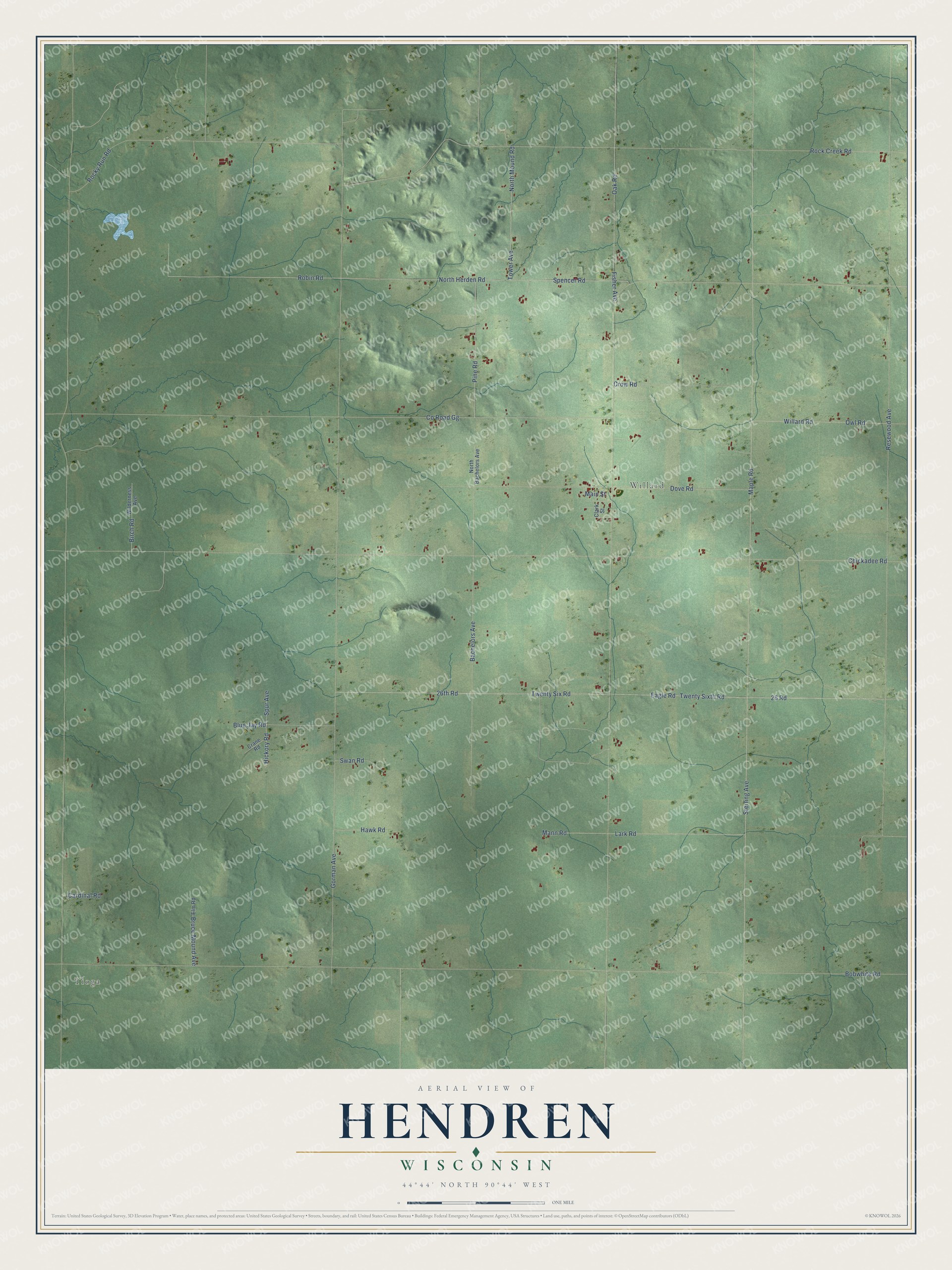 Full map of Hendren, Wisconsin, with red buildings, printed street names and the land around them