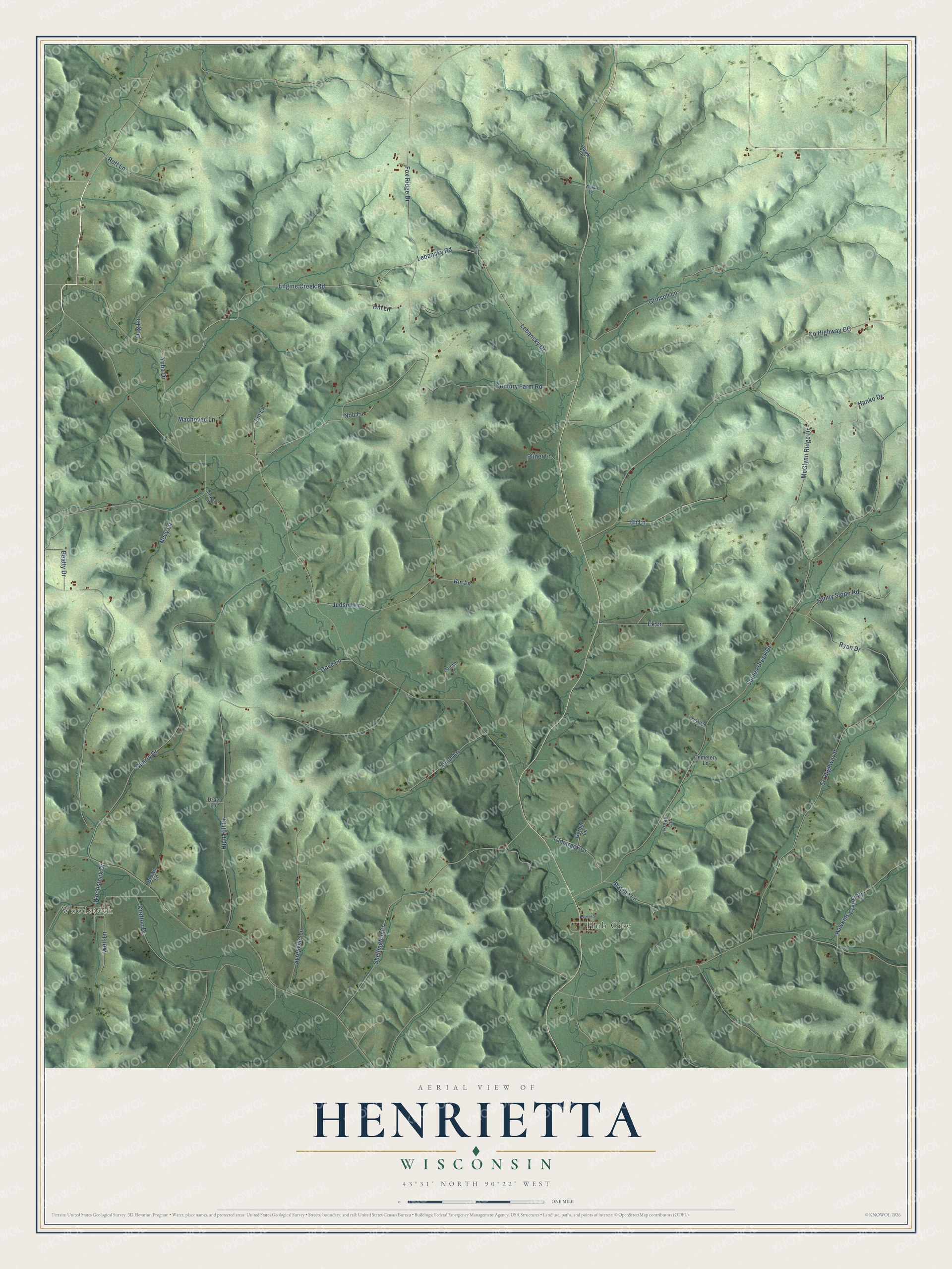 Full map of Henrietta, Wisconsin, with red buildings, printed street names and the land around them