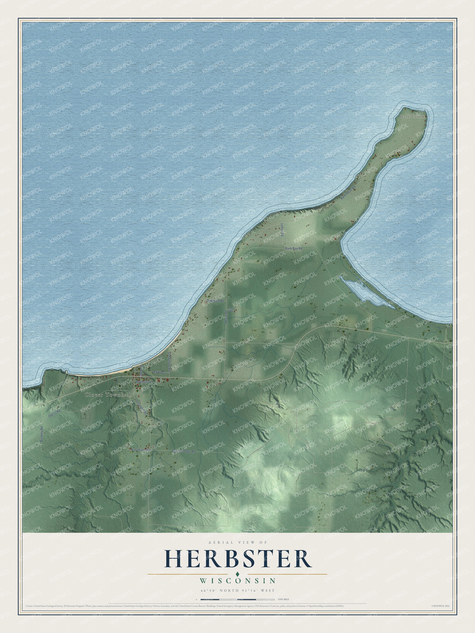 Full map of Herbster, Wisconsin, with red buildings, printed street names and the land around them
