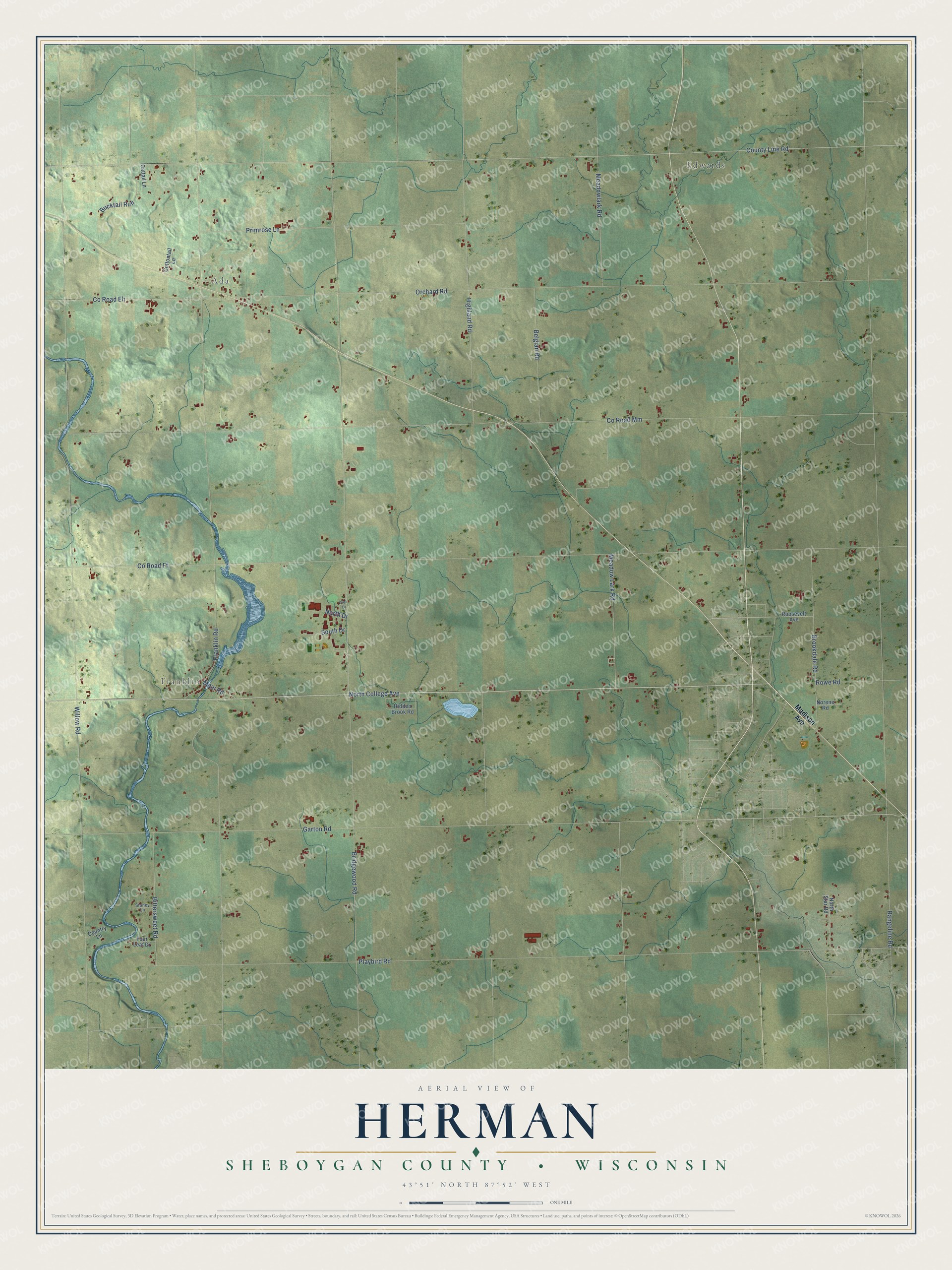 Full map of Herman, Wisconsin, with red buildings, printed street names and the land around them